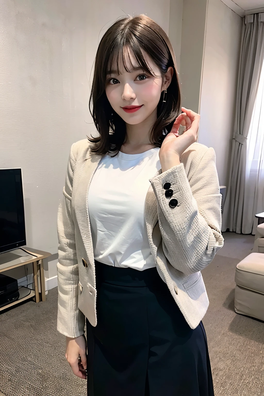 Browsing Caution, 8K Raw Photos, highest quality, masterpiece, Ultra-high resolution, One woman, Natural skin texture, Realistic eye and facial details, full 唇, Lip tick, (compensate), Straight short medium length hair, smile, Close your mouth, alone, Small breasts, Standing pose when entertaining,Only the body is turned slightly diagonally,Long skirt, shirt, Age: Late 40s,Wear a light-colored jacket,Living Room Background, Grey cotton skirt, Light shirt, High heels, Blurred background, slightly brownish black hair, From head to toe, your whole body will be visible.,Hands should be lowered