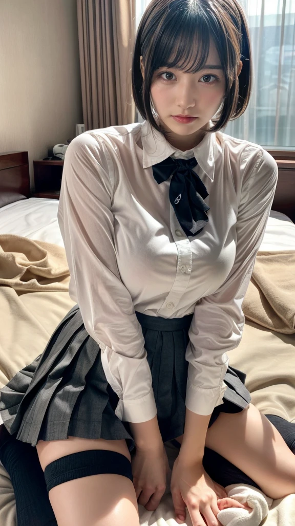 masterpiece, best quality, illustration, Super detailed, fine details, High resolution, 8K,wall paper, perfect dynamic composition,(Details High quality, realistic depiction of eyes:1.3), (collared shirt:1.1), pleated skirt, knee high socks, large breasts, short bob hair, black hair color, Big Natural Color Lip, bold sexy pose, (perfect body shape), crying a little、Harajuku style、20 year old girl、cute type、lolita、beautiful legs, hotel room, hposing Gravure Idol, (woman on top, straddling, sitting)