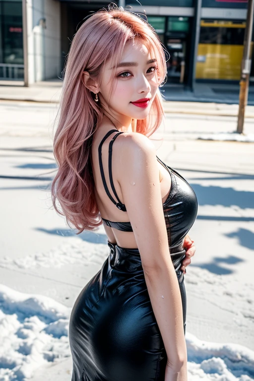 1 girl, Korean model, extremely beautiful, perfect body. Photo taken with Canon EOS R5 85mm f/11 Camera, ((sharp)) mode of people and surrounding scenery. Image quality ((8K)), ((lifelike)), ((masterpiece)), ((sharp and highest contrast)), ((great depth of field)), ((light stereolithography)). ((Pink hair)), long and smooth, the wind blows it beautifully under the bright sunlight. Beautiful face, perfect and sexy, holy, perfectly balanced, ((beautiful in every detail)), ((shiny)), ((high-end cosmetic makeup)), ((shiny bright, radiant)). Bright smile, pure white teeth and details. Seductive glossy red lips, ((brilliant glossy red lipstick)). The eyes are brown, glossy, seductive, ((sharp makeup)), realistic, ((wet eyes)) and detailed. Pink eyeshadow, long eyelashes, blush, high-end cosmetics. Two delicate eyelids, perfectly beautiful and detailed, black eyelashes. Eyebrows are curved, sparse, sharp and detailed. High and detailed nose. Cheeks are prominent and detailed. ((Ivory white, bright white skin)), detailed pores, ((shiny skin)), smooth, rosy, flawless skin texture. Long, shiny legs. Beautiful, perfect hands, ((no flaws)). Big and full breasts, ((prominent and detailed nipples)), deep and firm cleavage, tight under the bra. ((Full butt)), tight fitting underwear, small waist, extremely slim waist. ((Light shines directly on the face)), bright sunlight, ((shines light on the front part of the girl's body)).
Wearing gold earrings, diamond necklace, emerald belt, ((thin pink shirt)), ((shiny leather blue dress)), high heels, lapis lazuli bracelet. Girl standing on the street, ((white snow)), cold wind, icy, cold, numb, ((frozen)), snowflakes, lonely, magical, dreamy, waiting, ((hope)), handle ((ancient, mystical spear)).