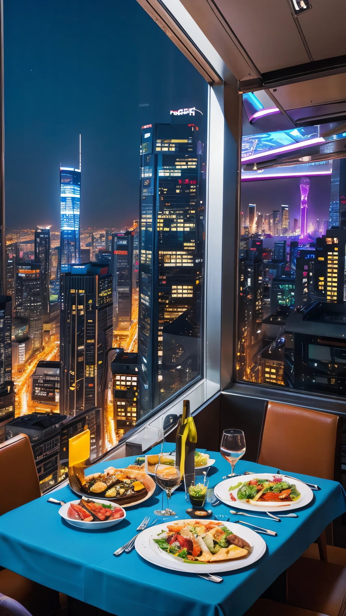 Lunch on the roof of a skyscraper、dining、cyber punk、Night view、Neon Light、Big cities、highest quality、masterpiece、Ultra high definition