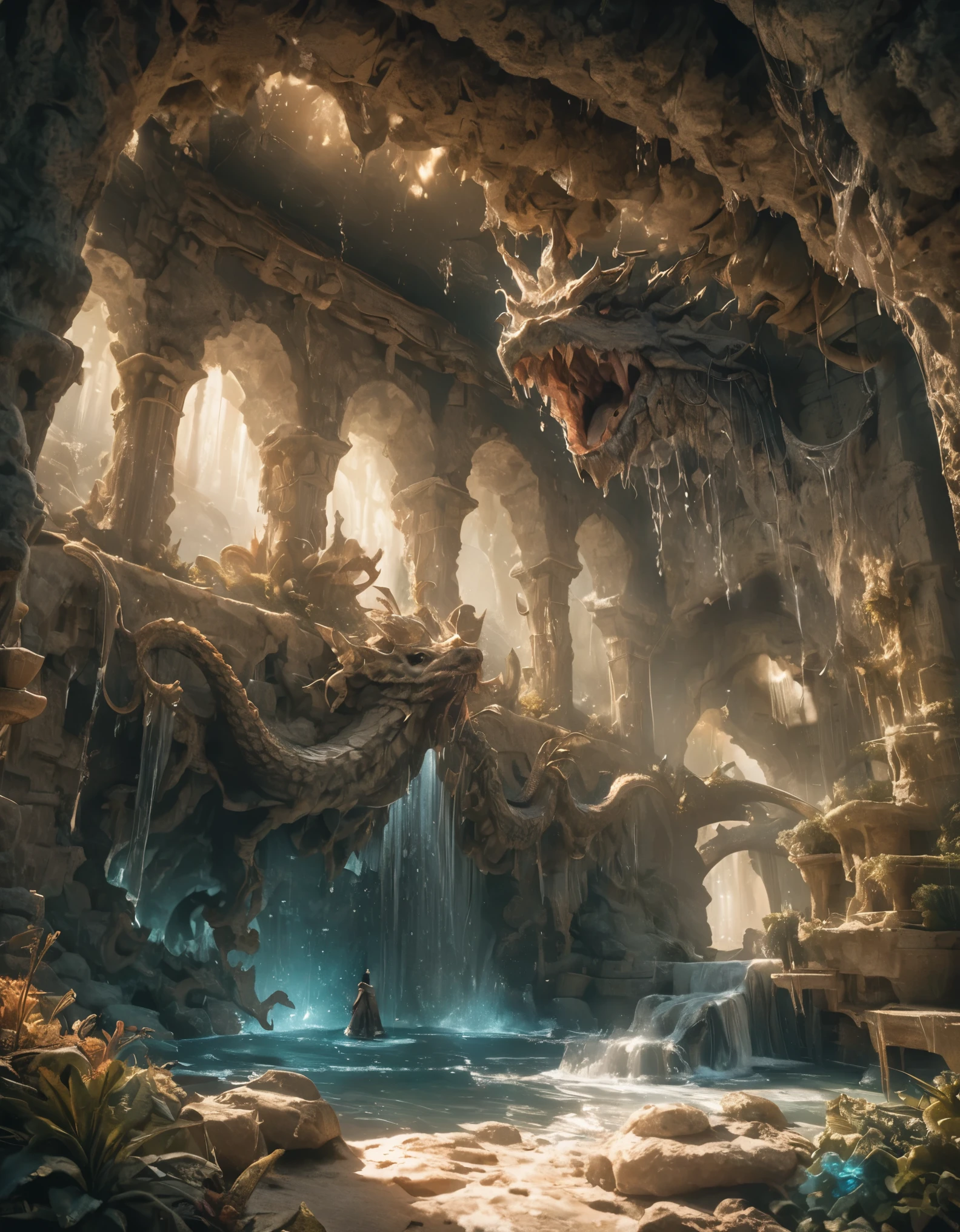 Grotto Room，（（（Full of crystals）））dragon，Water Flow，The light is very dim，magic（（（Horror atmosphere）））（（（masterpiece）））， （（best quality））， （（Intricate details））， （（Surrealism））（8K）