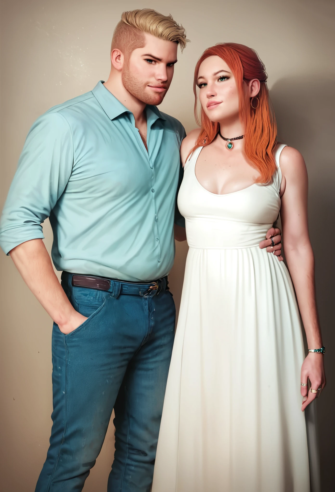 score_9,score_8_up,score_7_up,score_6_up,score_5_up,score_4_up, (ailatman, azlatguy), redhead, slender, 1girl, 1boy, blonde hair, jewelry, realistic, dress, pants, hetero, ring, facial hair