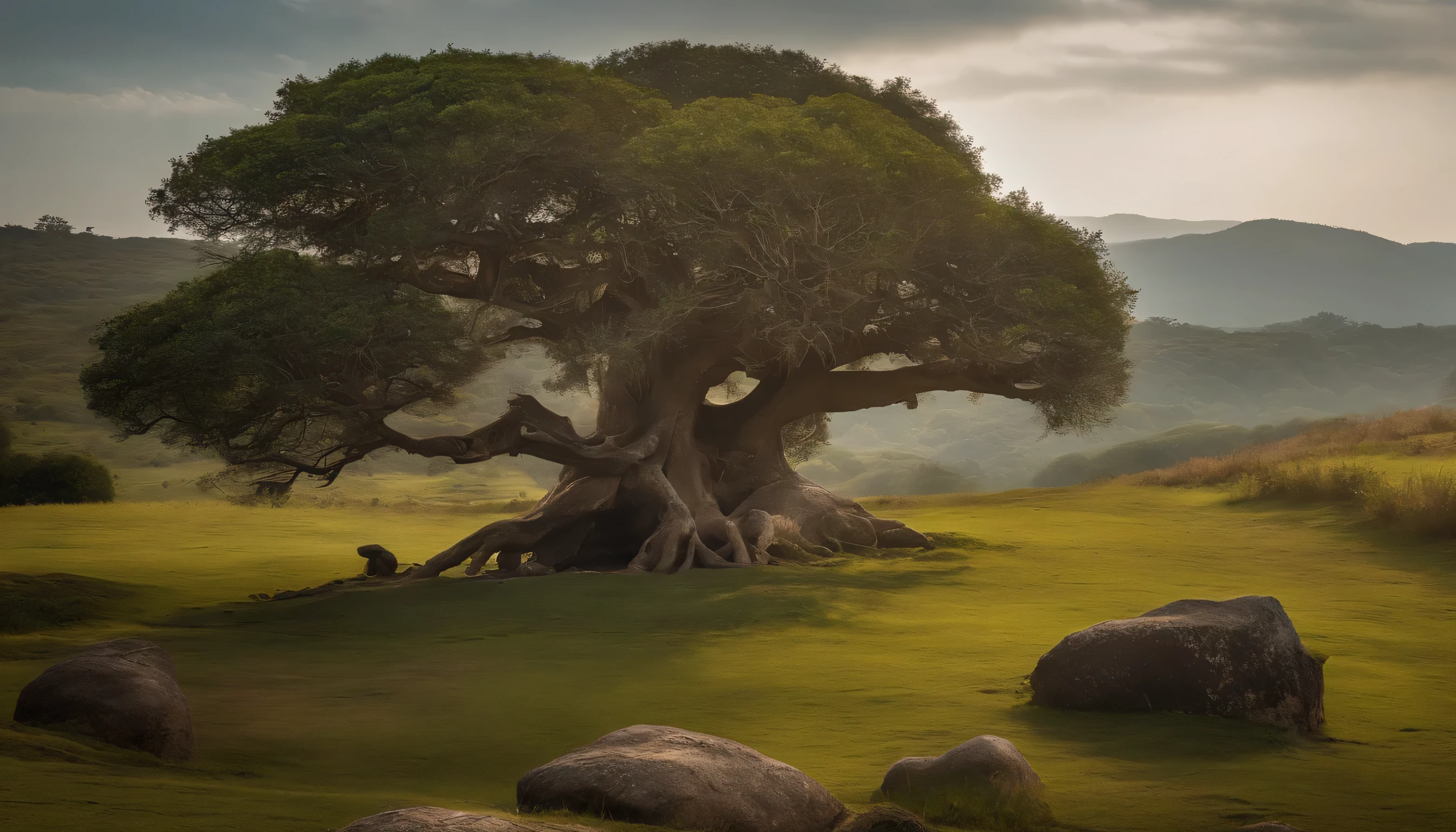 masterpiece, best quality, an old little banyan tree in the grassland, a large rock next to the tree, in a fantasy world, morning vibes