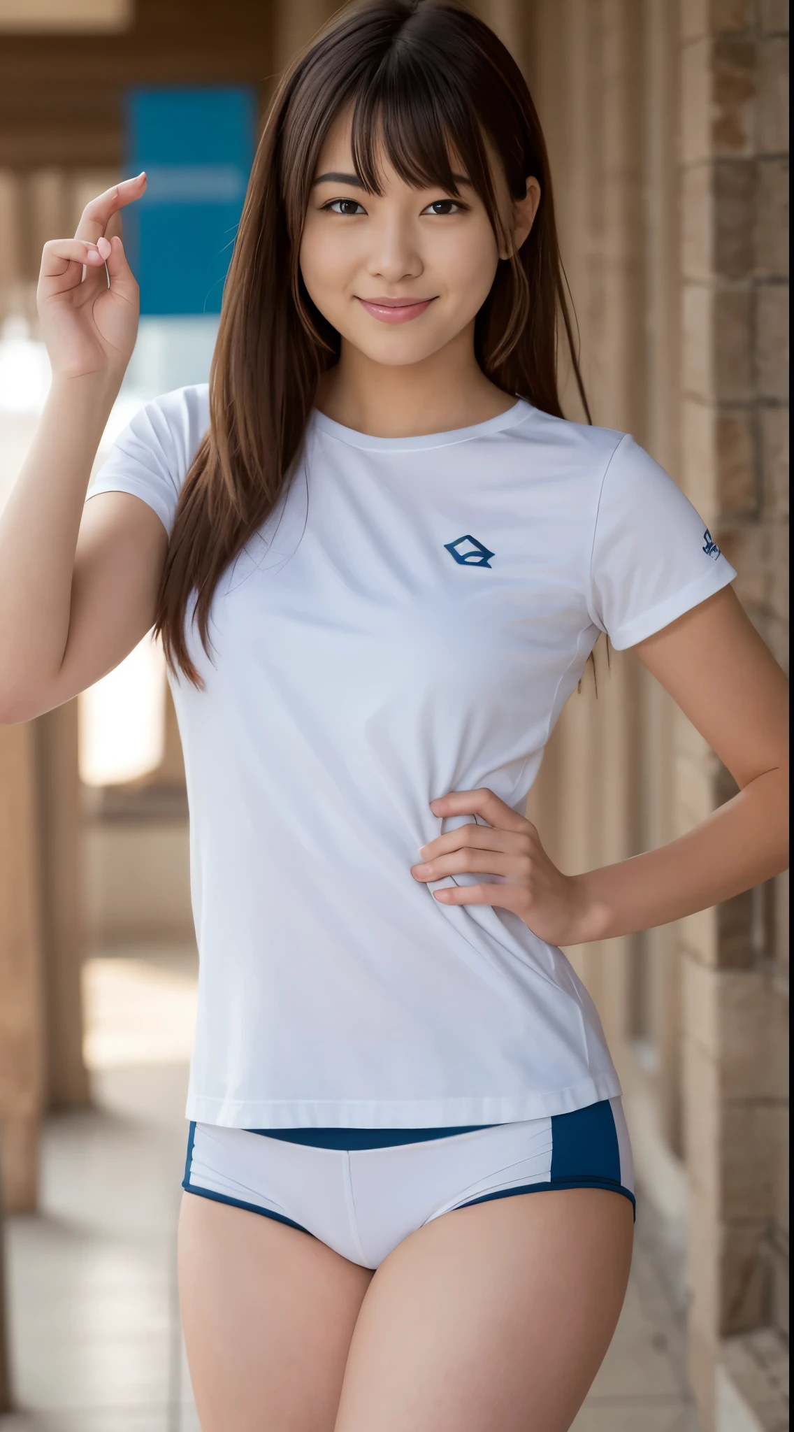 best quality, master piece, 1 girl, beautiful face, (Realistic photos:1.3), edge light, (high detail skin:1.2), 8K, Ultra HD, Digital single-lens reflex camera, high quality, High resolution, 4K, 8K, Bokeh, absurd, Optimal ratio of 4 fingers and 1 thumb, (Realistic:1.3), Cute 1 girl, Wearing a white t-shirt of gym clothes, medium breasts, Wearing dark blue bloomers,Pure sunshine smile,