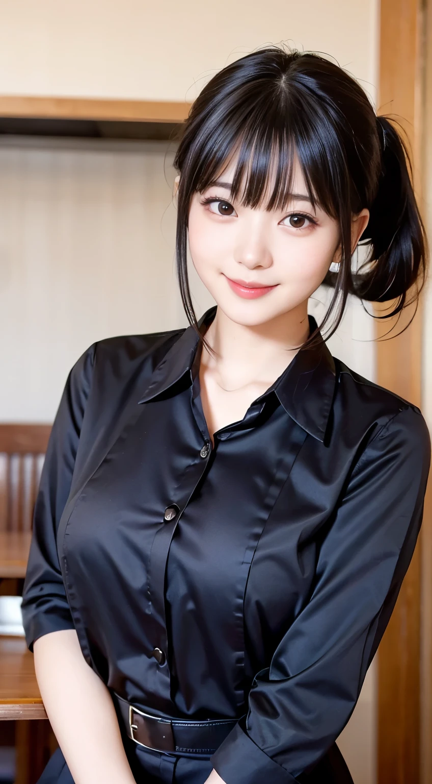 (highest quality,masterpiece:1.3,Ultra-high resolution,),(Very detailed,Caustics),(Realistic:1.4,RAW shooting,)Ultra-Realistic Capture,Very detailed,High resolution 16K human skin closeup。 Natural skin texture、,pores、、、、It must be detailed enough to be easily identifiable。 Skin tone is even and healthy looking。 Use natural light and color,restaurant,Waitress Uniform,1 girl,Japanese,18-year-old,cute,Black-haired,ponytail,Big Breasts,smile,Turn your body forward,(Front view:1.1),Looking into the camera,Cowboy Shot,