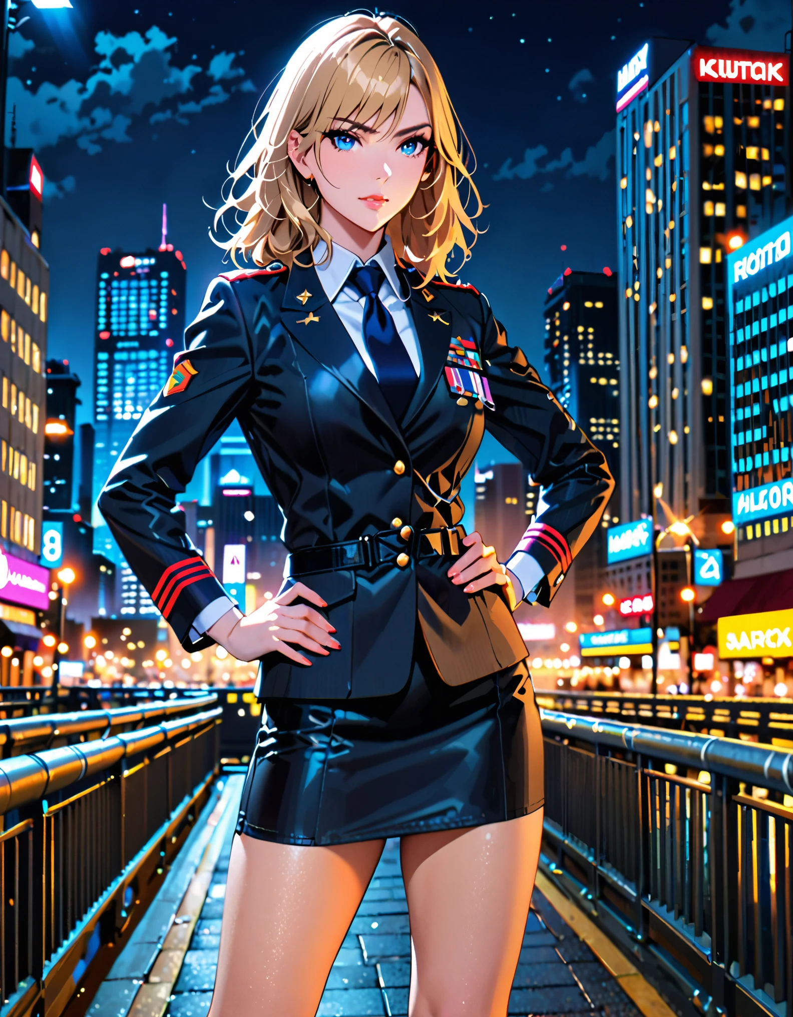 best quality, masterpiece, highres, solo, solo focus, 1lady, semi-realistic, dynamic heroic pose, standing straight, blonde hair, blue eyes, beautiful detailed eyes, beautiful detailed face, (perfect hands), sexy us military officer, city backdrop, neon edge lighting, highly detailed, professional, suit and tie, military uniform, pencil skirt, miniskirt, matching shoes, full body shot, hands on hip, medium hair, hair down, nighttime.
