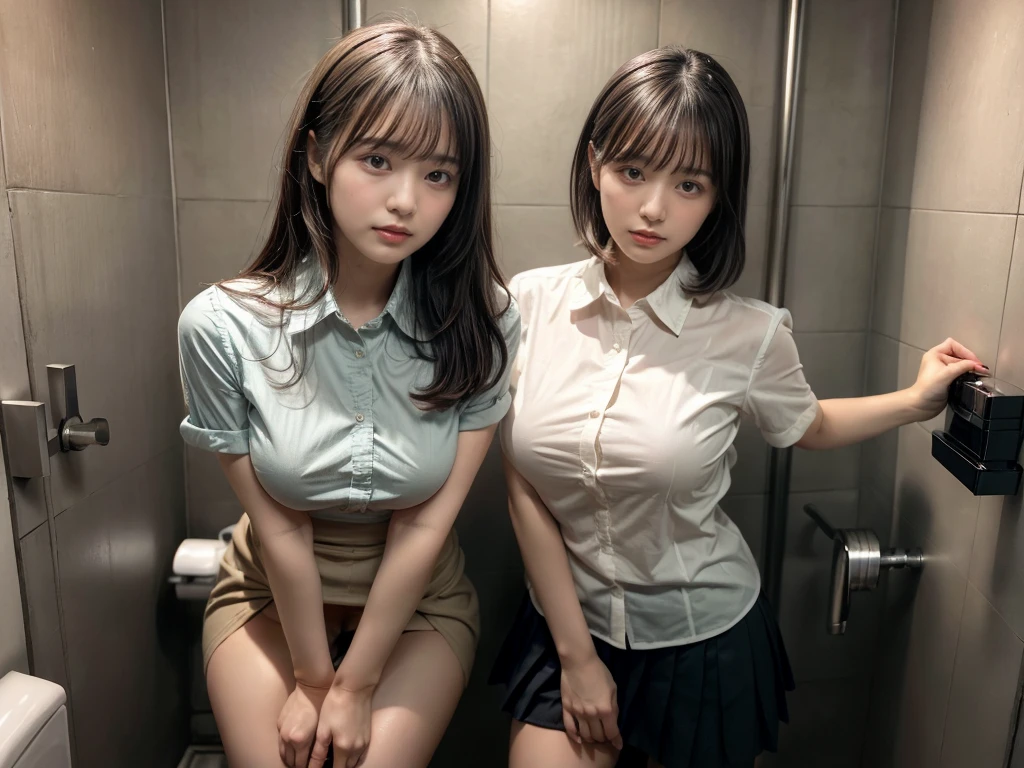 masterpiece, best quality, illustration, Super detailed, fine details, High resolution, 8K,wall paper, perfect dynamic composition,(Details High quality, realistic depiction of eyes:1.3), (2 girls), f (Toilet cubicles:1.2), (urinal), (collared shirt:1.1), pleated skirt, short bob hair、black hair color, Big Natural Color Lip, bold sexy pose, crying a little、20 year old girl、cute type、beautiful legs, gravure idol, large breasts, plump breasts