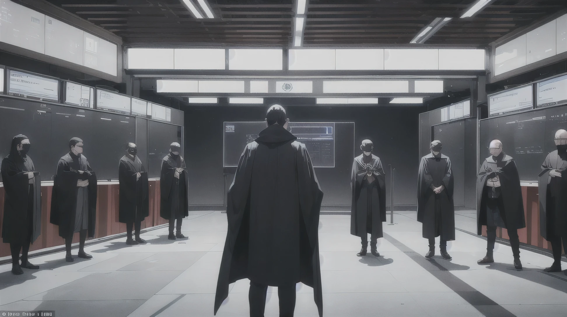 The screens show images of The Shadows - figures wearing black robes with a shadowy shadow symbol on their chest. The group leader's indifferent and threatening voice rang out, demanding that the government meet their conditions or face the destruction of key energy stations.
