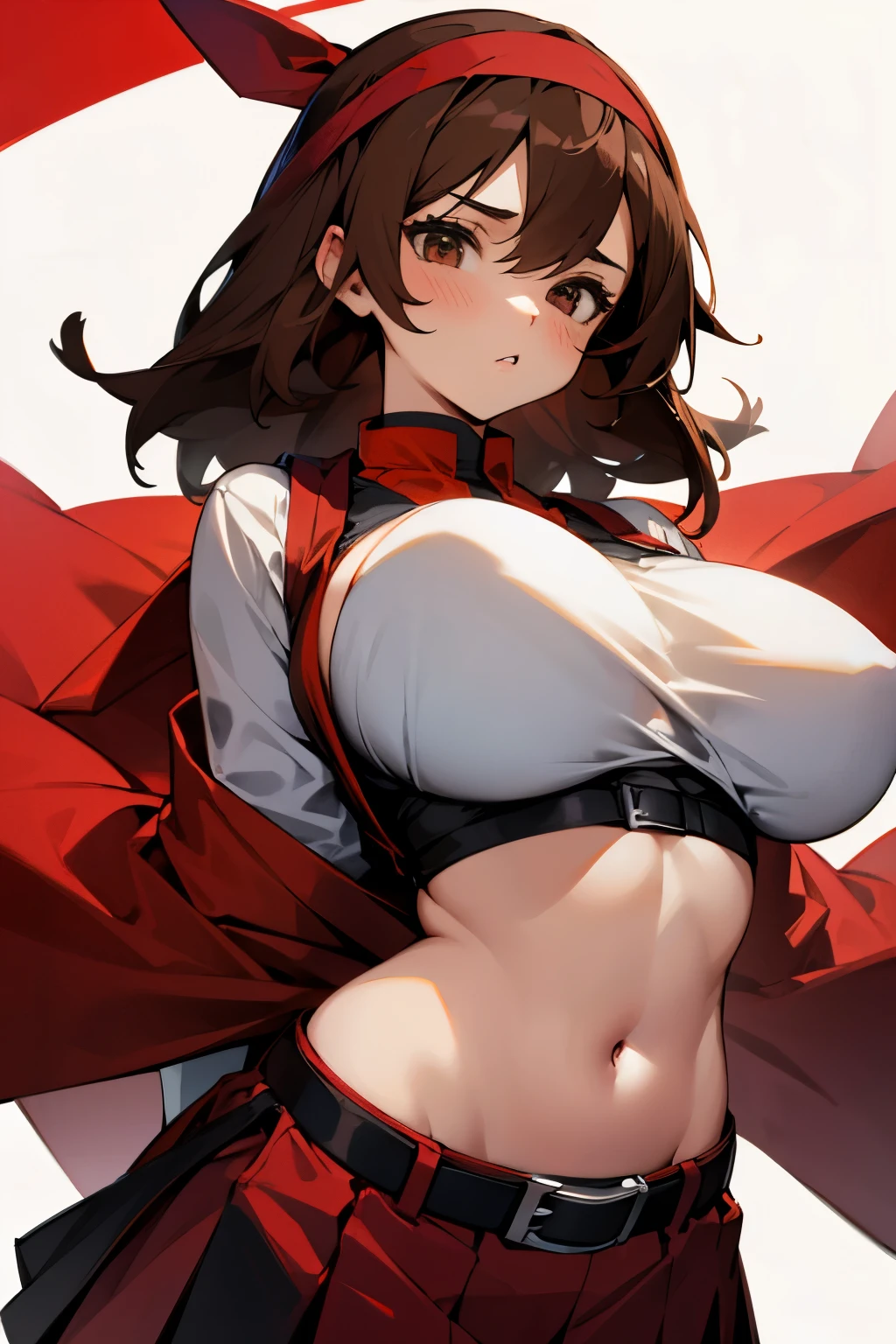 Girl, brown hair, red headband, skirt, black belt, big breasts, exposed stomach 