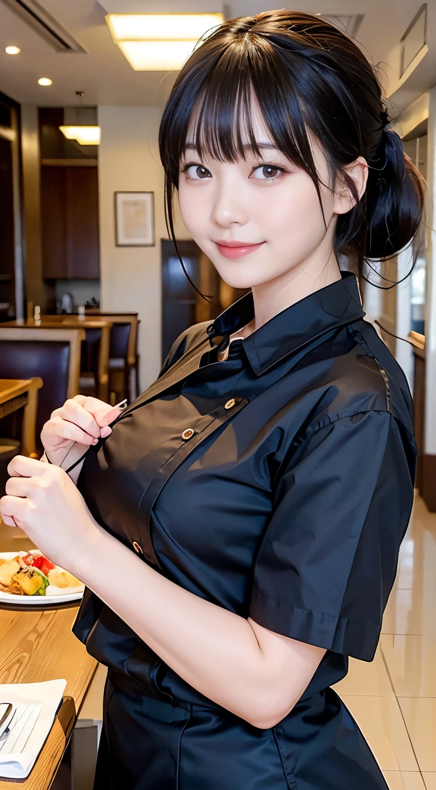 (highest quality,masterpiece:1.3,Ultra-high resolution,),(Very detailed,Caustics),(Realistic:1.4,RAW shooting,)Ultra-Realistic Capture,Very detailed,High resolution 16K human skin closeup。 Natural skin texture、,pores、、、、It must be detailed enough to be easily identifiable。 Skin tone is even and healthy looking。 Use natural light and color,restaurant,Waitress Uniform,1 girl,Japanese,18-year-old,cute,Black-haired,ponytail,Big Breasts,smile,Turn your body forward,(Front view:1.1),Looking into the camera,Cowboy Shot,