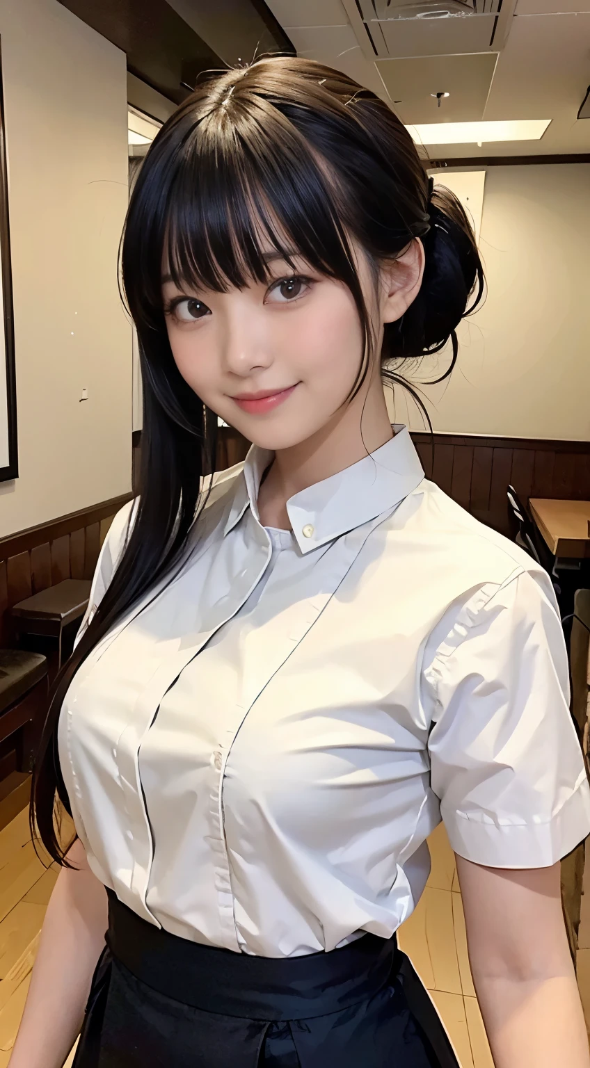 (highest quality,masterpiece:1.3,Ultra-high resolution,),(Very detailed,Caustics),(Realistic:1.4,RAW shooting,)Ultra-Realistic Capture,Very detailed,High resolution 16K human skin closeup。 Natural skin texture、,pores、、、、It must be detailed enough to be easily identifiable。 Skin tone is even and healthy looking。 Use natural light and color,restaurant,Waitress Uniform,1 girl,Japanese,18-year-old,cute,Black-haired,ponytail,Big Breasts,smile,Turn your body forward,(Front view:1.1),Looking into the camera,Cowboy Shot,