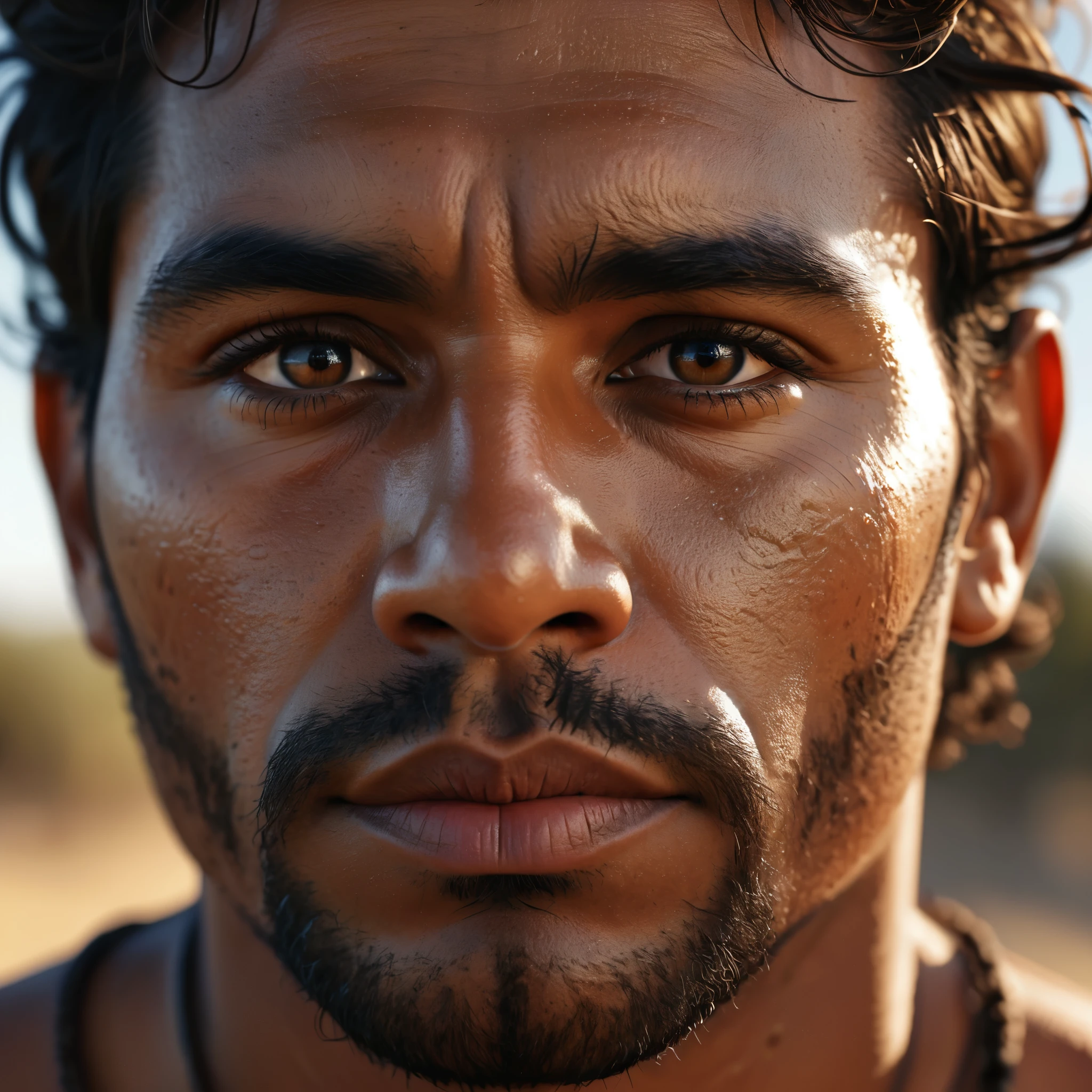 a hyper-realistic aboriginal man of australia, portrait, detailed face, realistic skin texture, detailed eyes, detailed nose, detailed lips, intricate facial features, expressive look, intense gaze, natural lighting, warm color tones, high contrast, (best quality,4k,8k,highres,masterpiece:1.2),ultra-detailed,(realistic,photorealistic,photo-realistic:1.37),cinematic lighting,dramatic shadows,stunning realism,striking composition,powerful presence