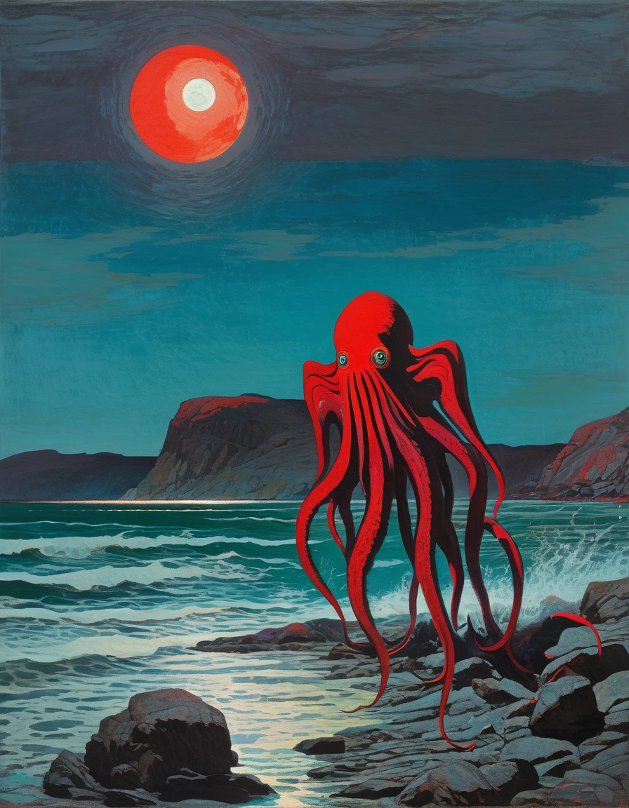 Cthulhu illuminated by moonlight on a rocky shore, Russian khohloma, from the shoulder, Very colorful,
 Best Improvisation,  ((Norman-Ackroyd style!)), ((perfect full body detail)), magic naive art, primitivism, protogen, crimson
, ((best quality, Masterpiece)), ((Highest detail)), RAW:1,1, 8k