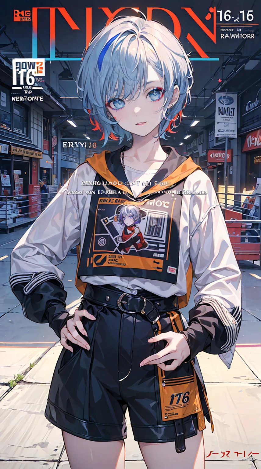 ((mixed color hair)), Bright lighting, masterpiece,One girl, ((short hair)), (( female model)), (((Cowboy Shot)) 2D, Fine grain, ((article)), tile, cover, bold, to attract attention, title, stylish, ((font)), Catchy, Heading, Beautiful Eyes, Eyes focus, Fine hand, Better fingers,