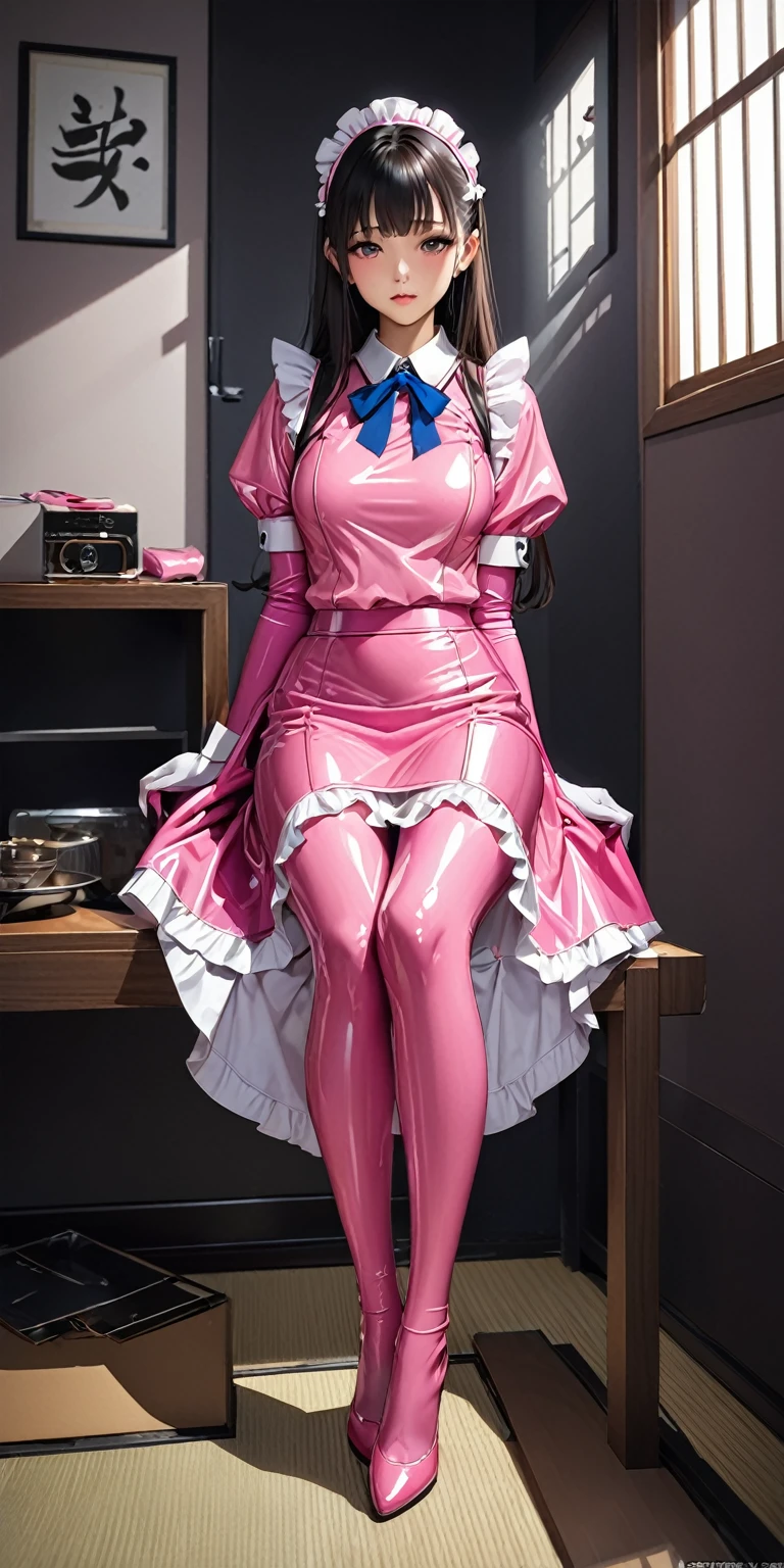 (masterpiece,highest quality,超A high resolution),Japanese women, (((Very beautiful 25 year old girl))),(Pink latex maid outfit)、Pink latex long skirt、Pink latex long sleeve shirt、Pink latex long gloves、Pink latex tights、The clothes fit snugly to the body、Latex is very shiny.、Dark Room