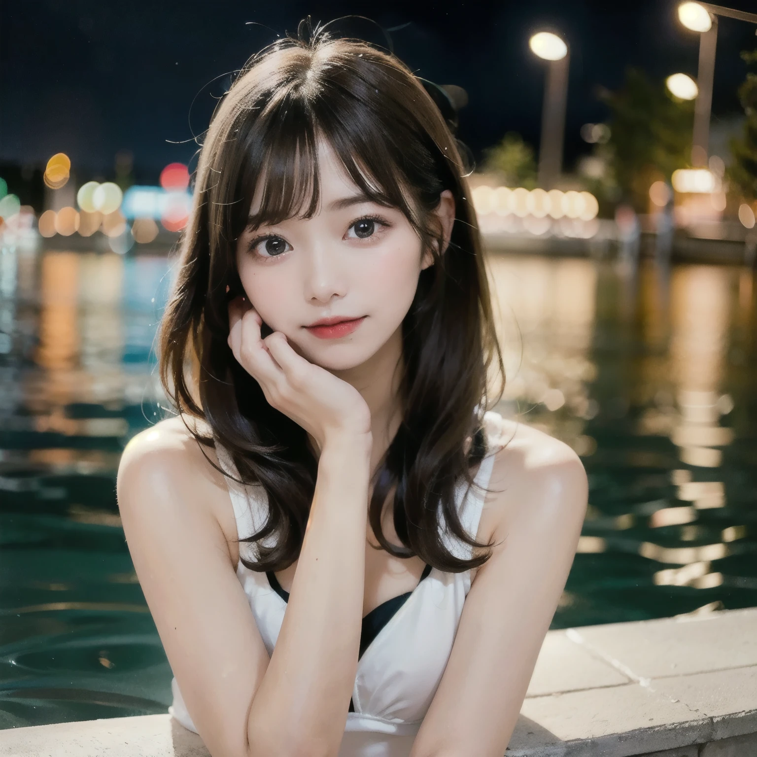 A young woman with long brown hair and bangs is posing by the water at night. She is wearing a white bikini and has a soft yet captivating expression on her face. The background is illuminated with bokeh lights, giving a warm and vibrant evening atmosphere. The water reflects the lights, adding a beautiful effect to the scene.
