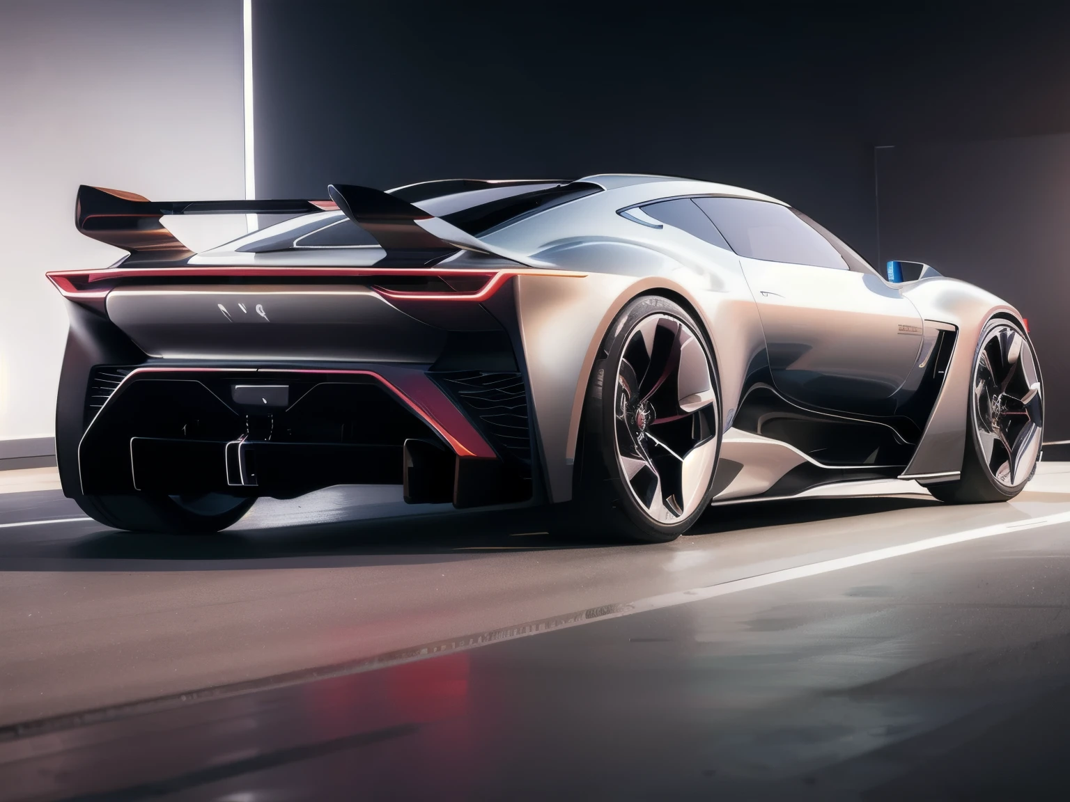 Generate an image of a concept SUV parked in a photography studio. The vehicle should have a modern and futuristic design, with clean lines and innovative features that suggest a high level of technology. Capture the SUV from a three-quarter rear angle to showcase its muscular stance and distinctive taillights. The studio lighting should be bright and even, highlighting the vehicle's contours and metallic finish. The background should be a seamless, neutral gray that emphasizes the SUV's sleek silhouette without distraction. Include subtle reflections on the SUV's surface to add realism and depth to the image. The overall atmosphere should convey a sense of luxury and cutting-edge design.