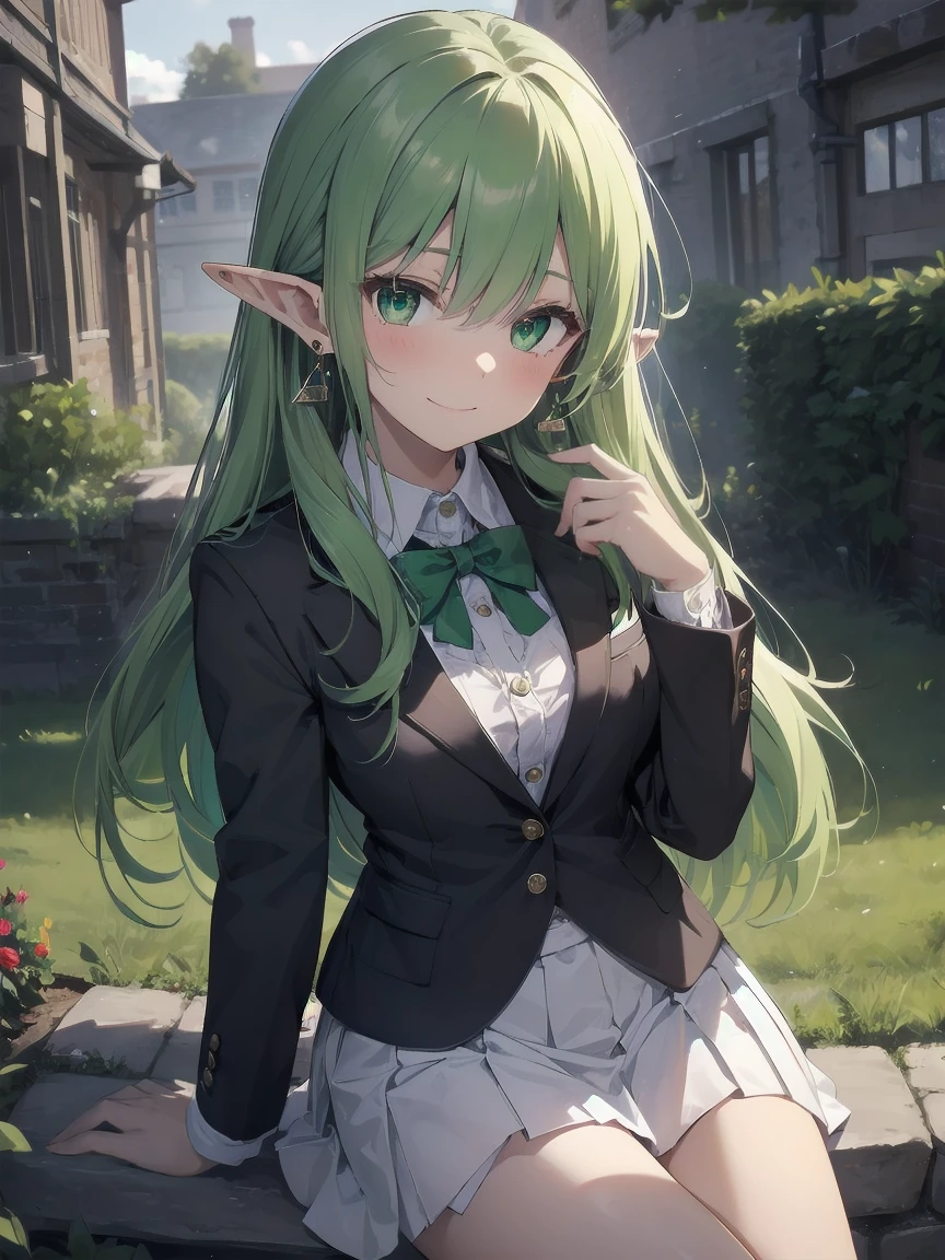 In one girl、smile、fun、High school blazer with popular design、shirt、pleated skirt、white skirt、(small breasts) elf girl with the same face and short, emerald green hair as the elf from Goblin Slayer with vivid green eyes filled with sorrow. She has the distinct head shape and long, pointed ears like the elves from Goblin Slayer, adorned with small, intricate silver earrings
