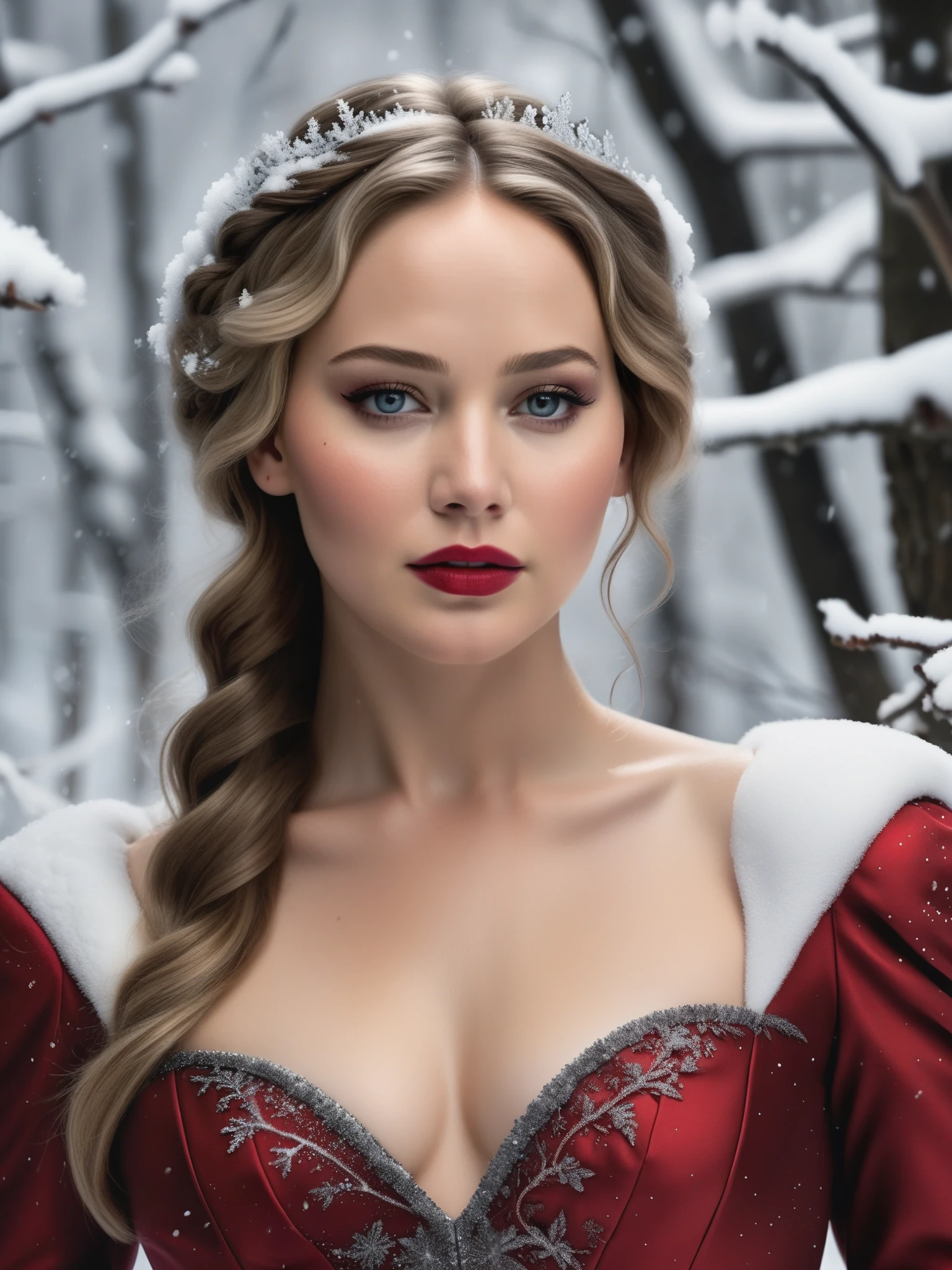 Looks like Jennifer Lawrence, stunning beauty, snow white queen, queen of the snowland, Jennifer Lawrence snow fae princess, eyeliner, beautiful eyes, photo real, (8k, RAW photo, highest quality), hyper realistic, red ruby gemstone suit, hauntingly beautiful illustrations, fairytale-inspired, winter snow background, blurry background
lora:add-detail-xl:1> "
p