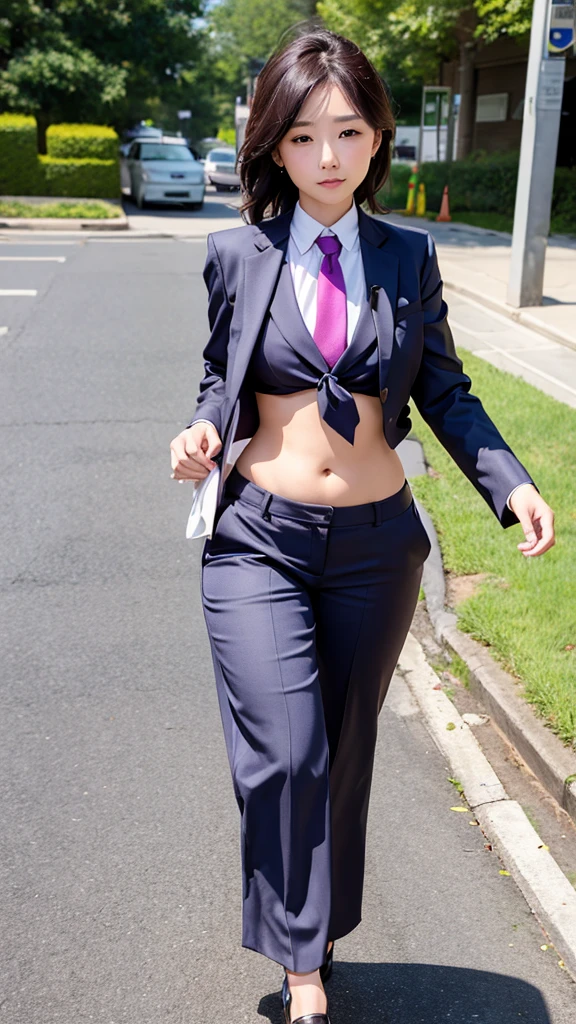 Women in Professional crop top, suit, pants, walking to work, show belly, realistic bellybutton shape, necktie, knot