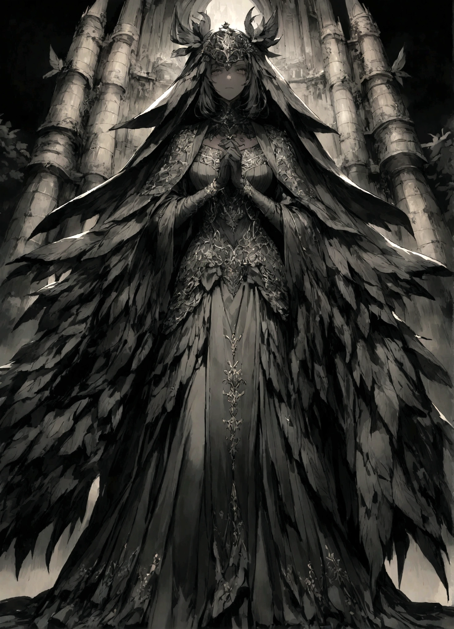 A princess,((A huge steel fortress)),medieval times,Pitch black night,ln the forest