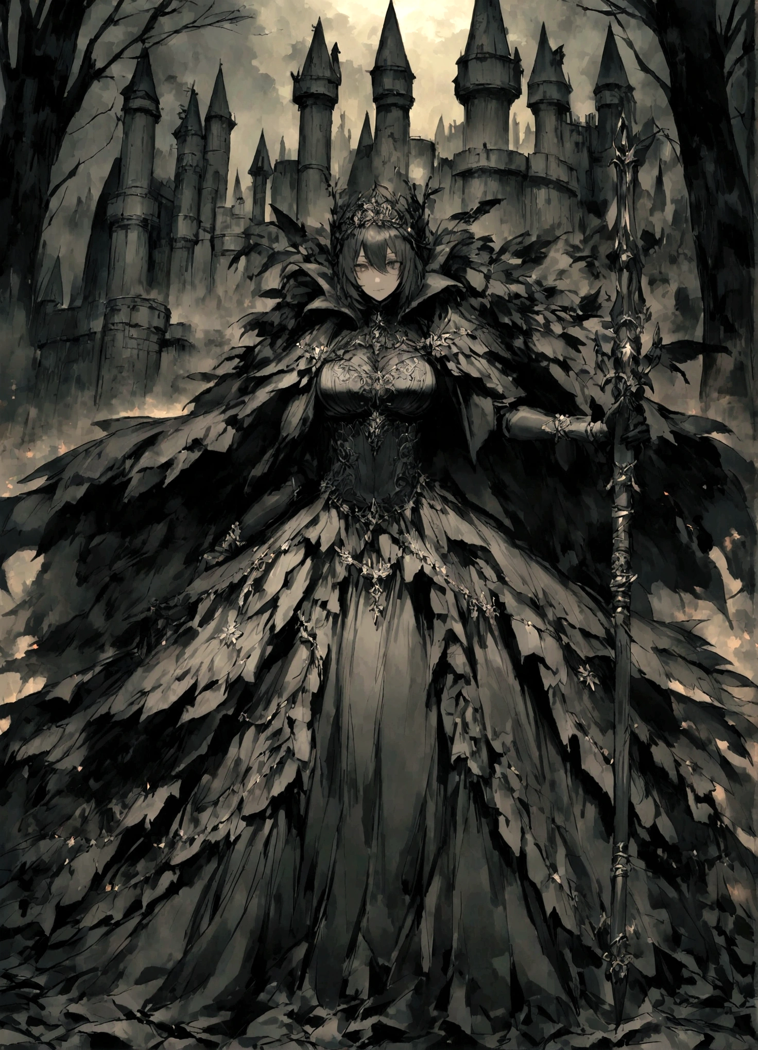 A princess,((A huge steel fortress)),medieval times,Pitch black night,ln the forest