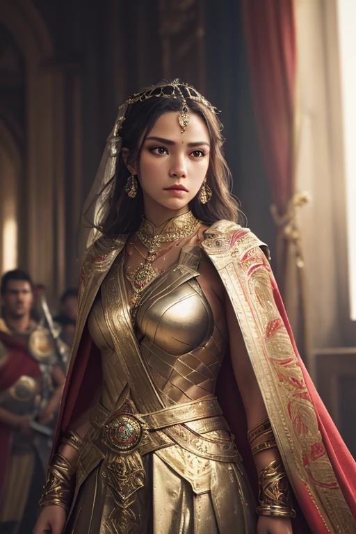 (Masterpiece), best quality, highest quality, highly detailed CG unity 8k wallpaper, original, high resolution, (depth of field: 1.5), fidelity: 1.3, warrior portrait style, 1 girl,warrior woman,  ceremonial dress, curtains, solo, earrings,