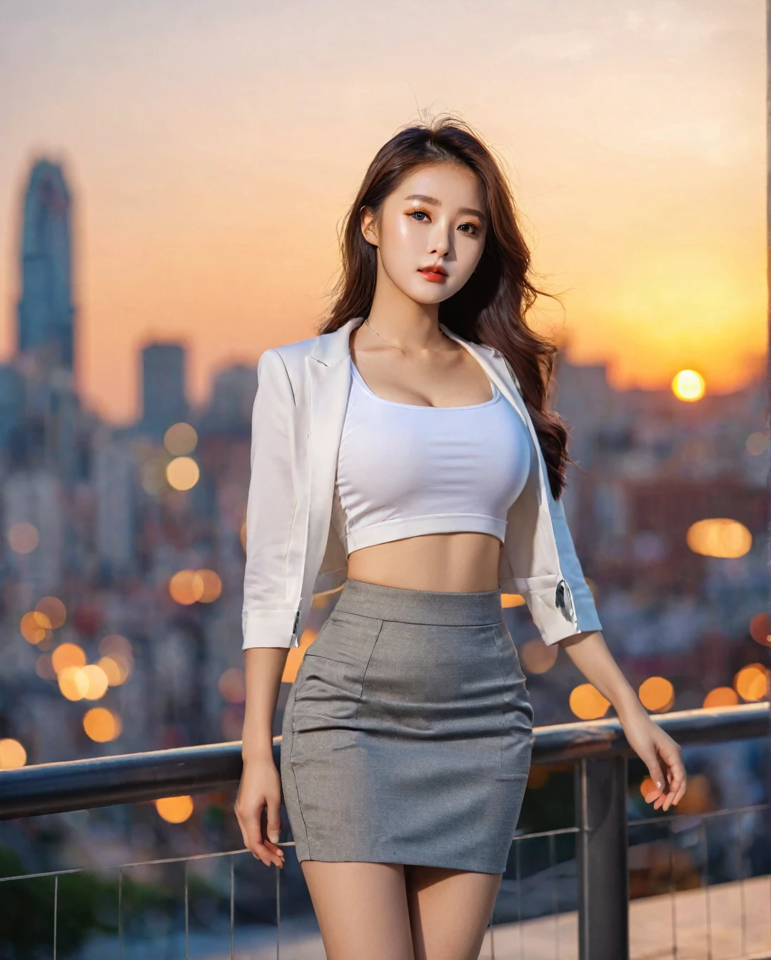 Full body of beautiful korean female, 34 inch breasts size, wearing crop tank top, and rolled sleeves unzipp suit, tight skirt , in the city, sunset light, bokeh background, UHD