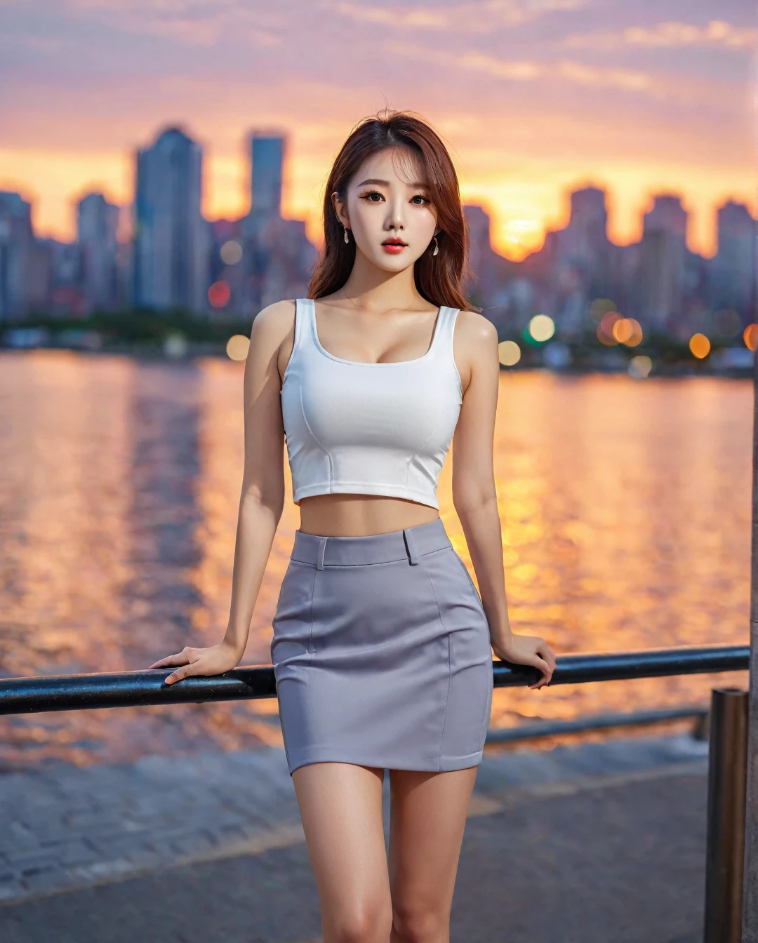 Full body of beautiful korean female, 34 inch breasts size, wearing crop tank top, and rolled sleeves unzipp suit, tight skirt , in the city, sunset light, bokeh background, UHD