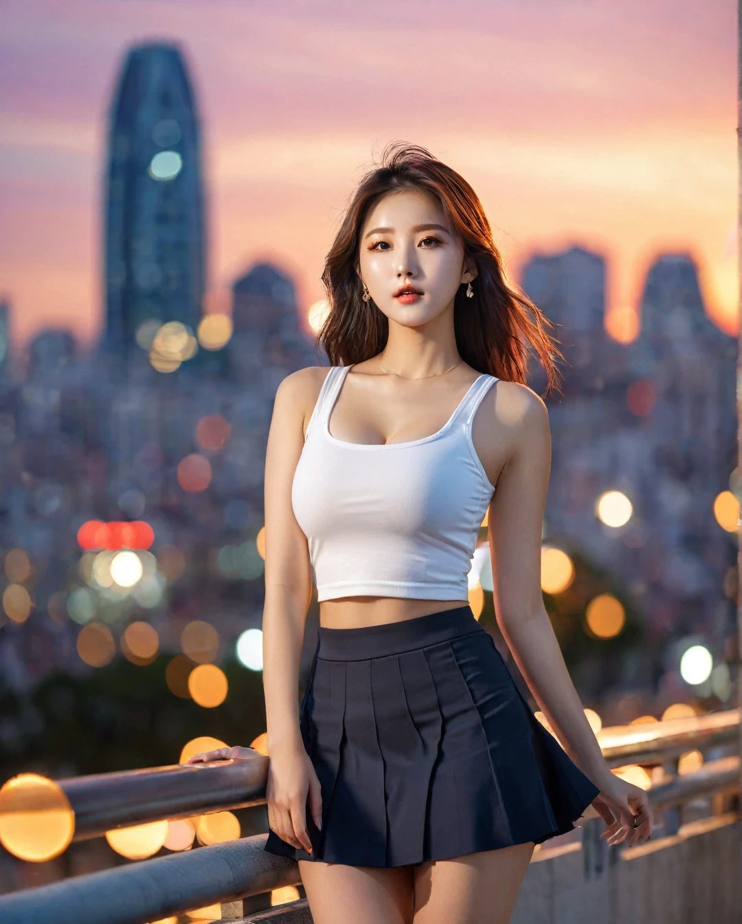 Full body of beautiful korean female, 34 inch breasts size, wearing crop tank top, tight skirt , in the city, sunset light, bokeh background, UHD