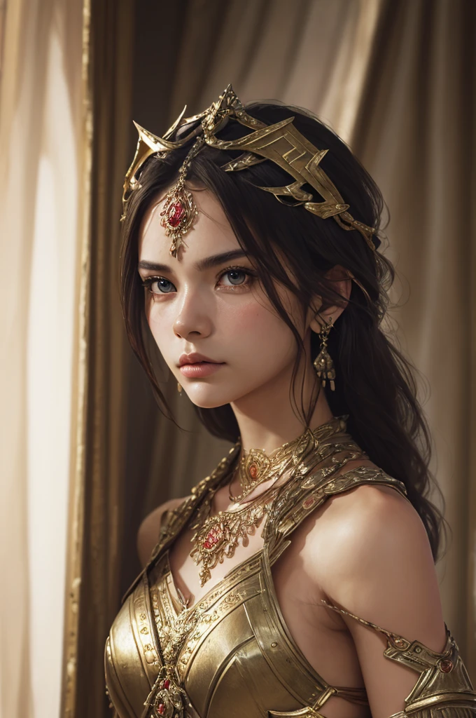 (Masterpiece), best quality, highest quality, highly detailed CG unity 8k wallpaper, original, high resolution, (depth of field: 1.5), fidelity: 1.3, warrior portrait style, 1 girl,warrior woman, curtains, solo, earrings,