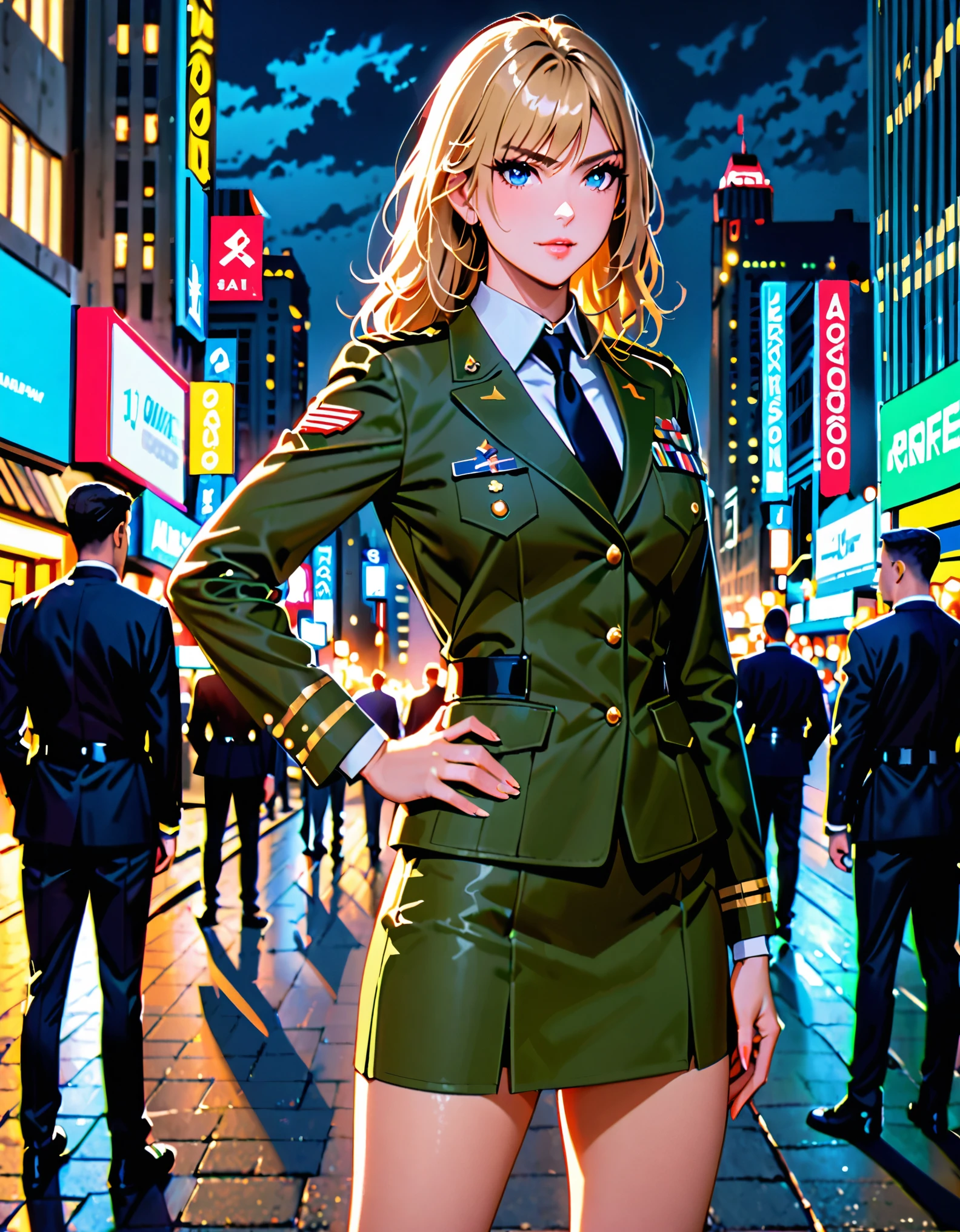 best quality, masterpiece, highres, solo, solo focus, 1lady, semi-realistic, dynamic heroic pose, standing straight, blonde hair, blue eyes, beautiful detailed eyes, beautiful detailed face, (perfect hands), sexy us military officer, city backdrop, neon edge lighting, highly detailed, professional, suit and tie, black necktie, green military uniform, pencil skirt, miniskirt, matching shoes, full body shot, hands on hip, perfect hands, medium hair, hair down, nighttime.