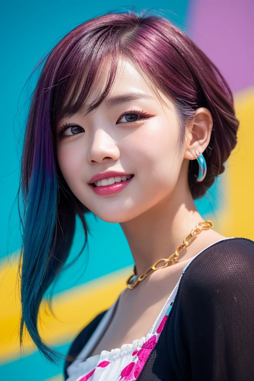 high quality, High resolution, masterpiece, completion, detailed.impressive, Cutting-edge female photography portraits, Showcasing a bold and daring street-art style. Facing forward、(nice smile、Bright expression、looks fun)、cyan, and purple, Her vibrant makeup really catches the eye.. Her colorful hair is tied up high, The contrast with the modern chain top is striking., Blue and pink hues in harmony. The background features a fascinating gradation of fluorescent chrome yellow and purple., Blends seamlessly with the dynamic colors of your subject. This powerful combination of hyper-detailed realism and artistic expression creates a vivid,