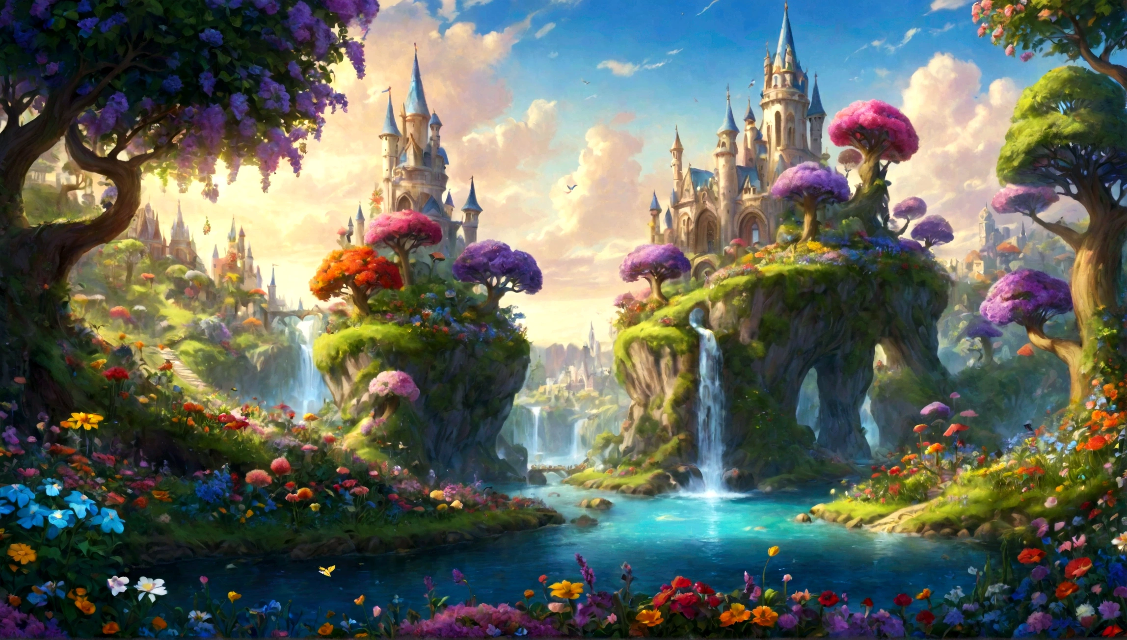 flowery glade, flowery glade city, many flowers, huge flowers, ((flower glade)), city in flowery glade, fairytale city, magical city