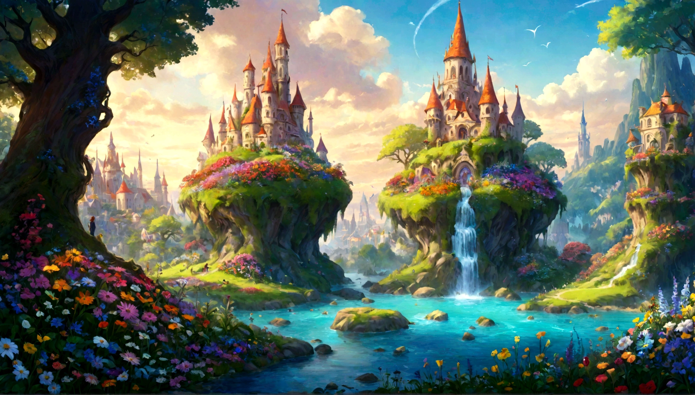 flowery glade, flowery glade city, many flowers, huge flowers, ((flower glade)), city in flowery glade, fairytale city, magical city