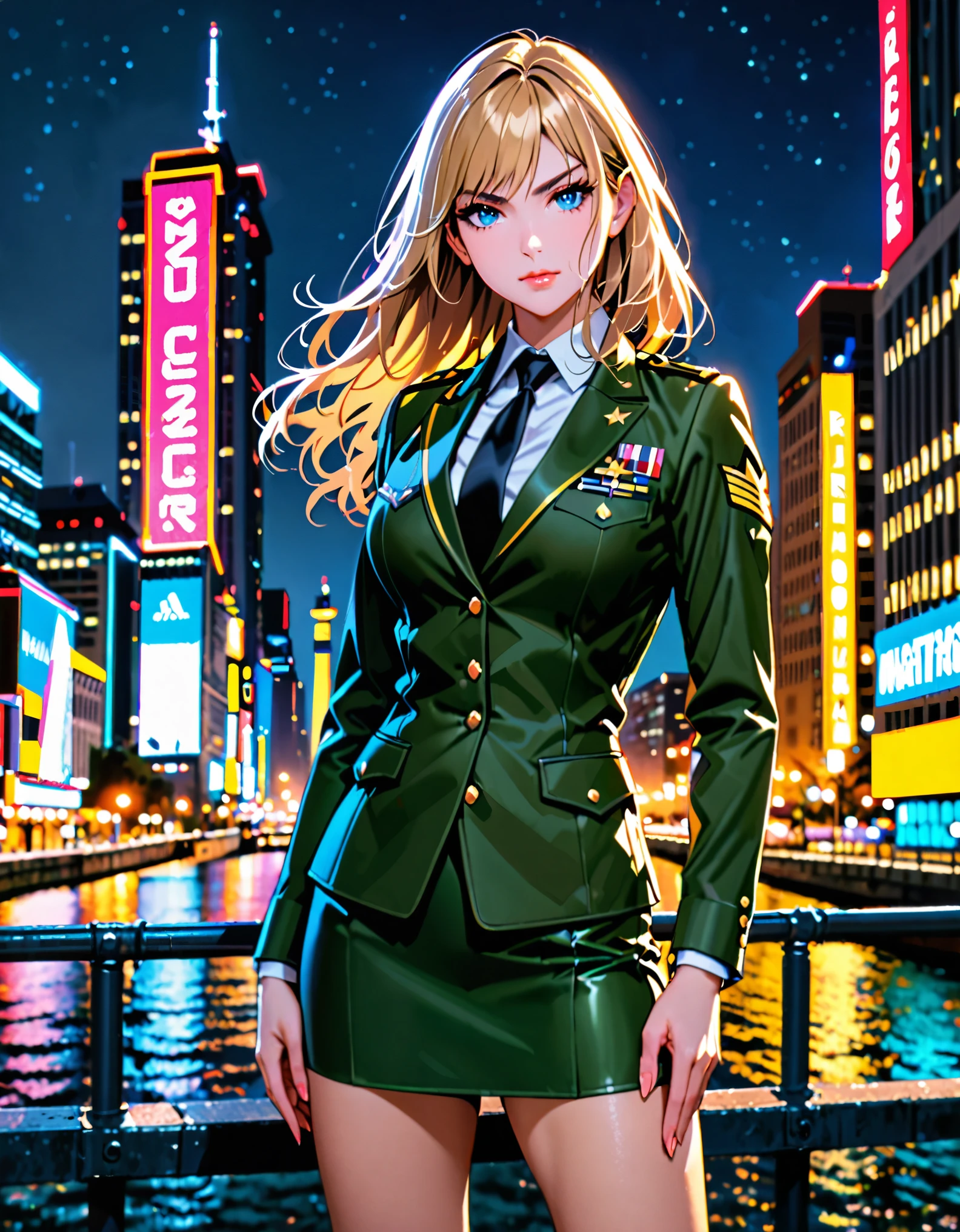 best quality, masterpiece, highres, solo, solo focus, 1lady, semi-realistic, dynamic heroic pose, standing straight, blonde hair, blue eyes, beautiful detailed eyes, beautiful detailed face, (perfect hands), sexy us military officer, city backdrop, neon edge lighting, highly detailed, professional, suit and tie, black necktie, green military uniform, pencil skirt, miniskirt, matching shoes, full body shot, hands on hip, perfect hands, medium hair, hair down, nighttime.