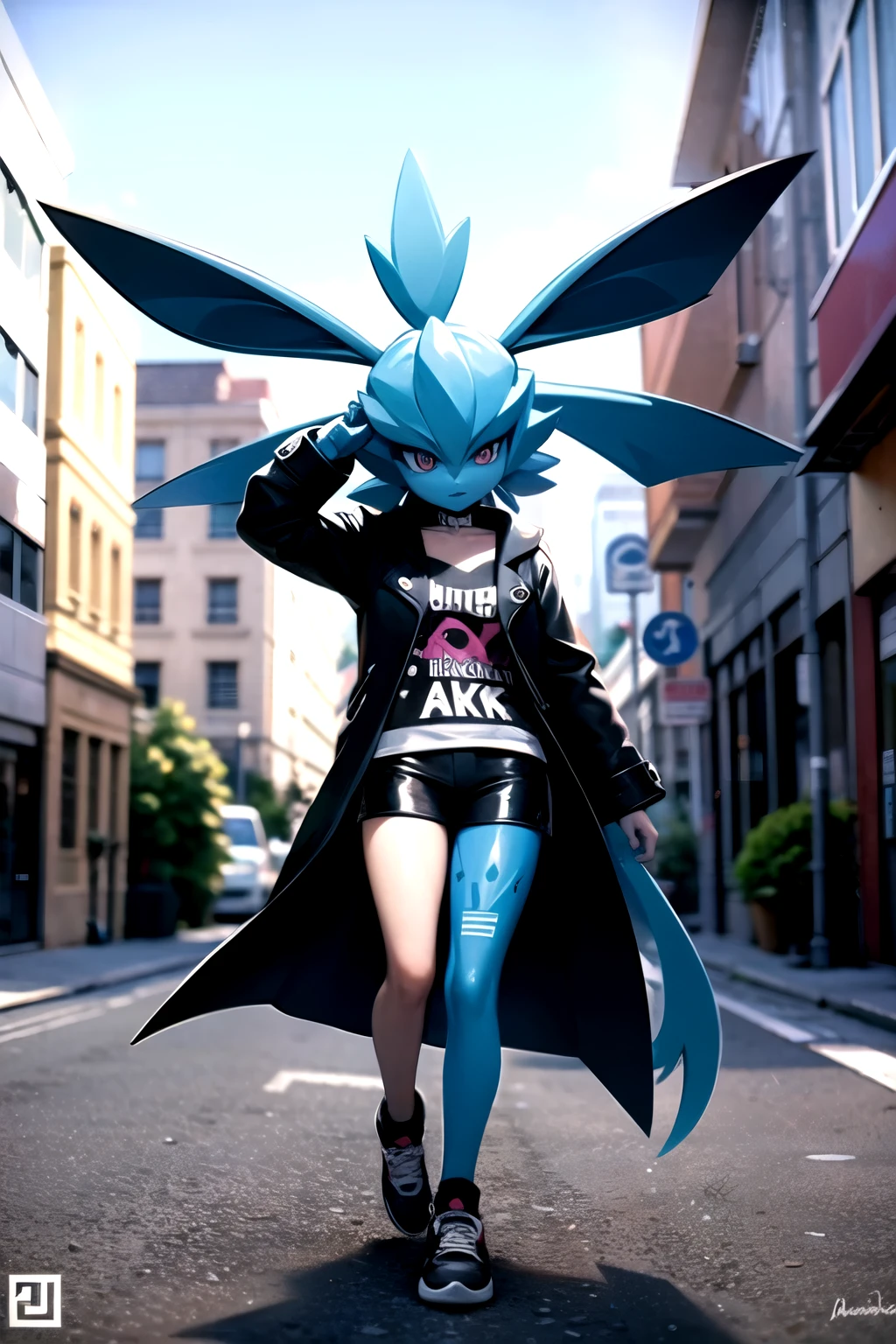 A unique and edgy Glaceon Pokemon, with a punk rock attitude and a colorful, graffiti-inspired coat, roaming the streets of a dystopian world.

