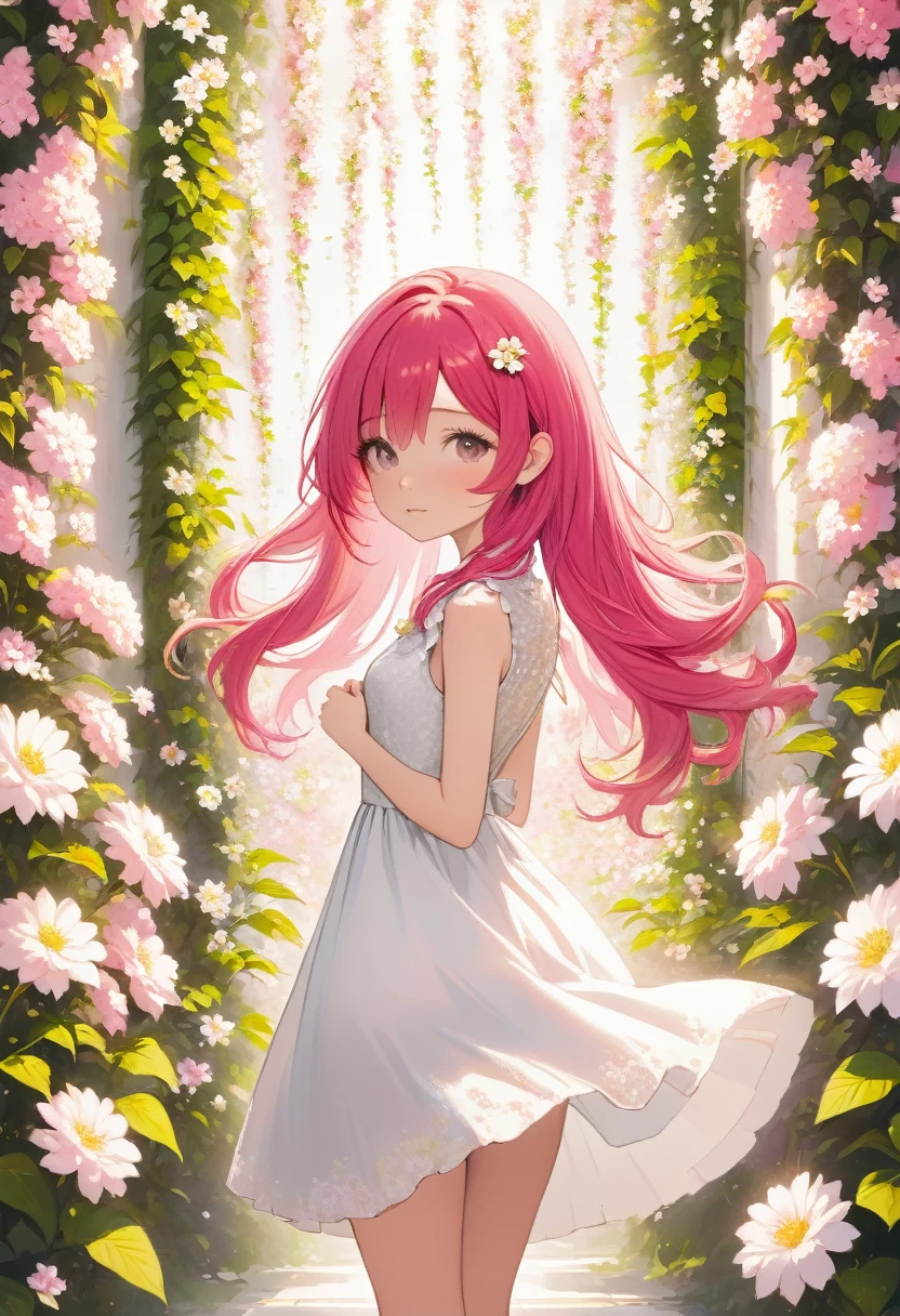 girl、Pink Hair、Hair length is semi-long、Has pink and white flowers、Floral Background、花もgirlも背景もふわふわした感じ、White dress