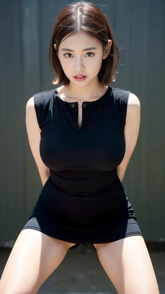 (((Standing with legs apart)))、slouch、Wearing black dress、(arms are behind back)、 ((Best Quality, 8K, masterpiece :1.3)), Full body、beautiful girl with perfect figure :1.4, Slender Abs :1.1, ((Huge breasts :1.2)),Ultra-detailed face and skin