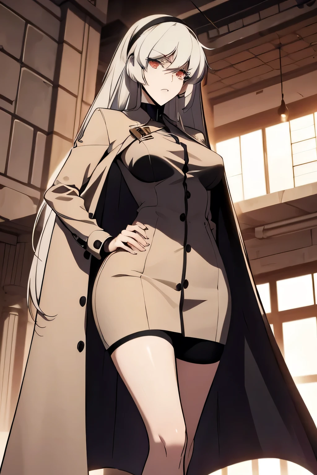 Gender Female, Age 27, Height 170 cm, Hair Color Black, Eye Color Red, D Cup, she is a very beautiful, graceful, and fairly tall young woman with a slender, curvaceous frame. She has long, straight, black hair reaching her mid-back with short bangs framing her forehead and upturned red eyes. she typically wears a long beige coat with black buttons over her clothes. She splits her hair into two parts and crosses it over her head, securing it with a headband and forming two thick locks of hair that reach below her chest.