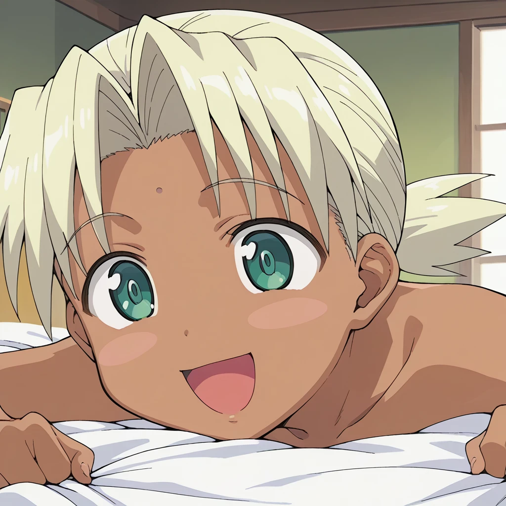 score_9, score_8_up, score_7_up, source_anime,
kaolla su, blonde hair, dark skin, dark-skinned female, blush stickers, ponytail,completely nude,pussy,niplles,full body,bed room,closed eyes,smile,open mouth,make mess,