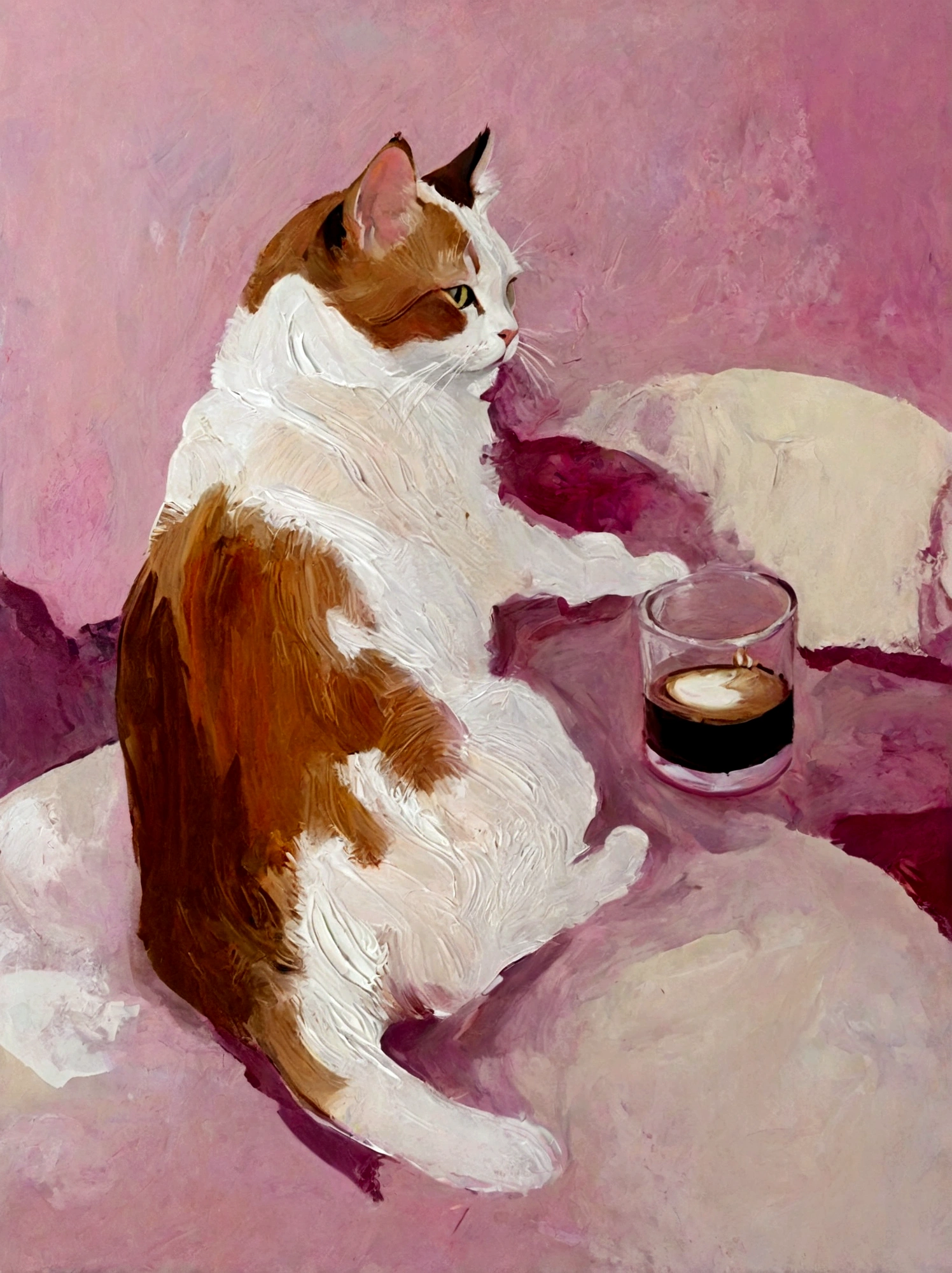 Coffee Fat Cat，whole body，Cat lying on the sofa，bright，pink，White background，vanilla，cream，whiskey，Abstract Art，emotion，emotion，Thick textured paint, 