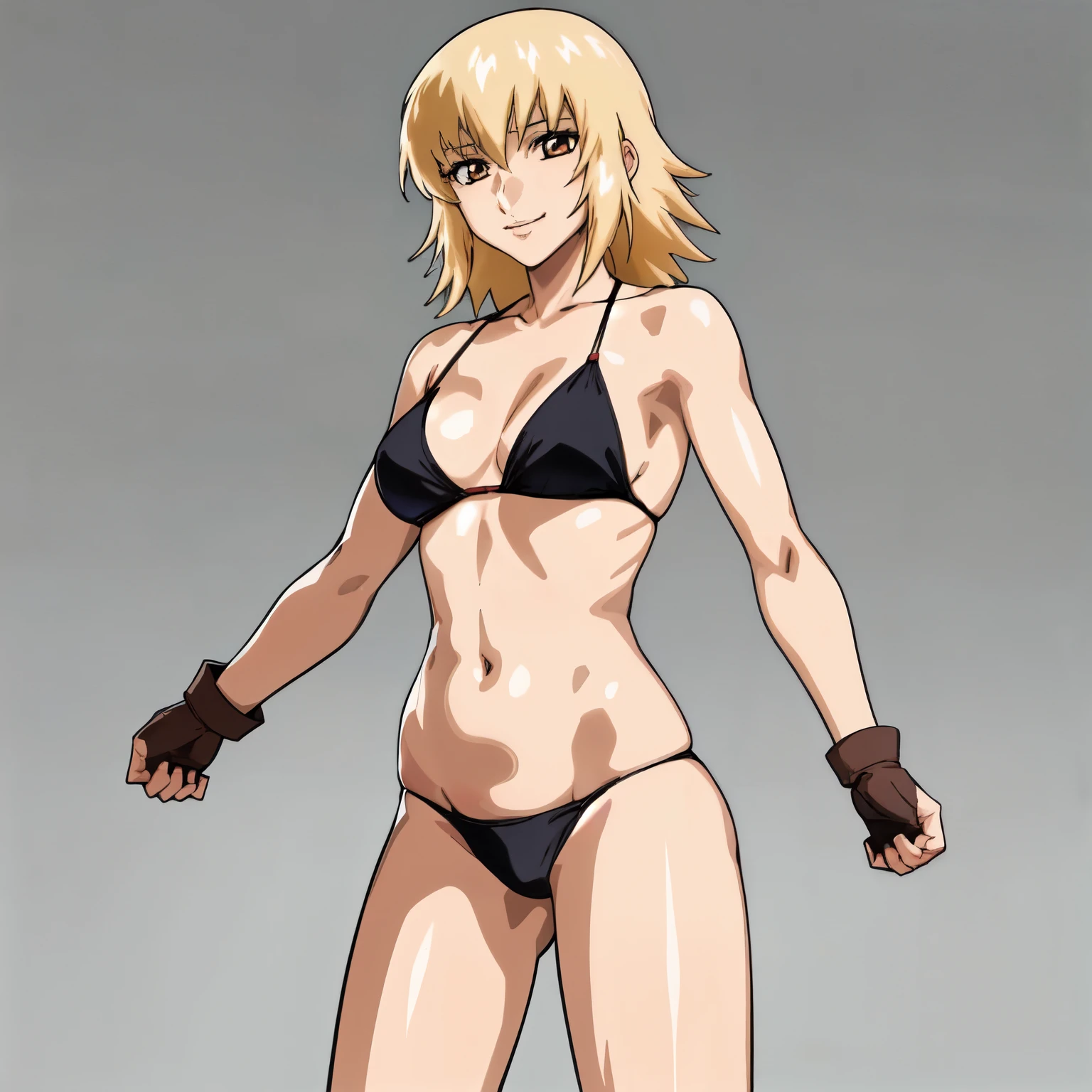 masterpiece, cowboy shot, 4K, Best Quality, Anime style: 1.9, best illustration, (official art), bold drawing lines, 1girl, cagalli, adult woman, tall woman, ultra detailed head, ultra detailed body, big brown eyes, happy, blonde hair, official art, brown eyes, black bikini, smile, closed mouth, solo, looking at viewer, long belly, medium breasts, cleavage, groin, standing, simple white background only, black fingerless gloves, closed fists, bending arms