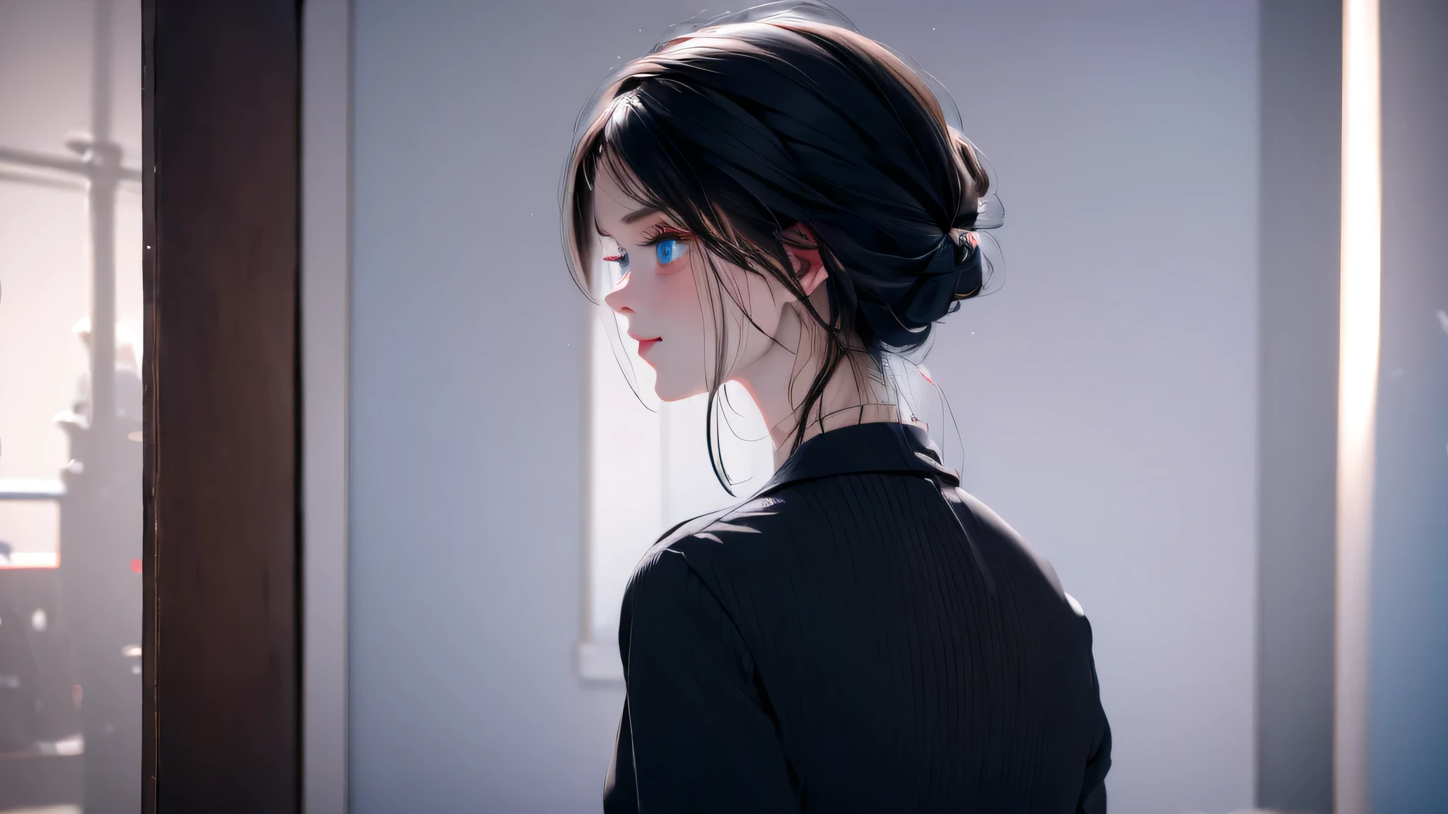 1 girl, medium light black hair, light blue eyes, wearing black suit, city, absurdres, high res, ultrasharp, 8K, masterpiece, looking from behind