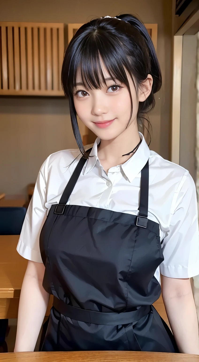(highest quality,masterpiece:1.3,Ultra-high resolution,),(Very detailed,Caustics),(Realistic:1.4,RAW shooting,)Ultra-Realistic Capture,Very detailed,High resolution 16K human skin closeup。 Natural skin texture、,pores、、、、It must be detailed enough to be easily identifiable。 Skin tone is even and healthy looking。 Use natural light and color,restaurant,Waitress Uniform,1 girl,Japanese,18-year-old,cute,Black-haired,ponytail,Big Breasts,smile,Turn your body forward,(Front view:1.1),Looking into the camera,Cowboy Shot,