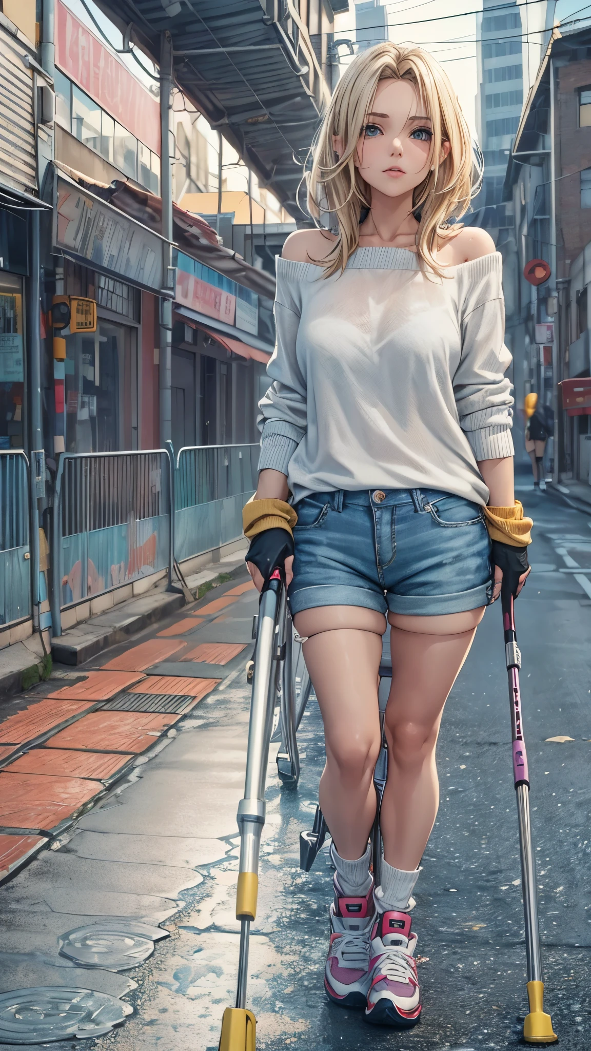 (Super detailed, realistic), streets scene, [Moderately:Oil], [Professional:1.1], [Physically based rendering], [bright colors], [sharp focus], [studio lighting], [extreme details], [highest quality,4k,8K,High resolution,masterpiece:1.2],(detailed face),outside the streets,((One 18-year-old woman)),(short blonde hair mixed  blue color),(dark),(painful),(disgusting),[nervous eyes],(casual ladies fashion,off shoulder,denim shorts,fishnet pantyhose),((socks,sneakers)),(gloves,knee pads),((she walks on crutches,the crutches’s length are from armpit,the crutches are putting on her side)),((her legs are inner side)).