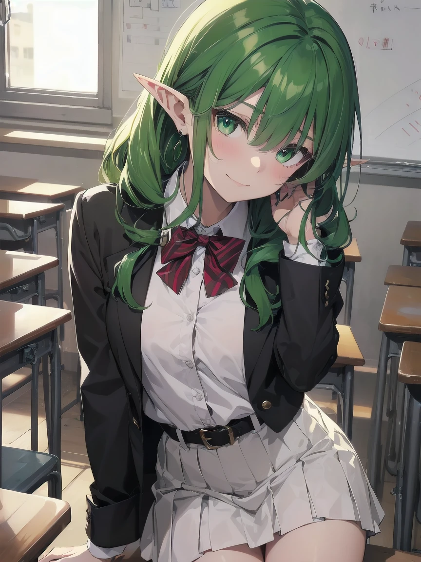In one girl、smile、fun、High school blazer with popular design、shirt、pleated skirt、white skirt、（small breasts） elf girl with the same face and short, emerald green hair as the elf from Goblin Slayer with vivid green eyes filled with sorrow. She has the distinct head shape and long, pointed ears like the elves from Goblin Slayer, adorned with small, intricate silver earrings in classroom she is angry