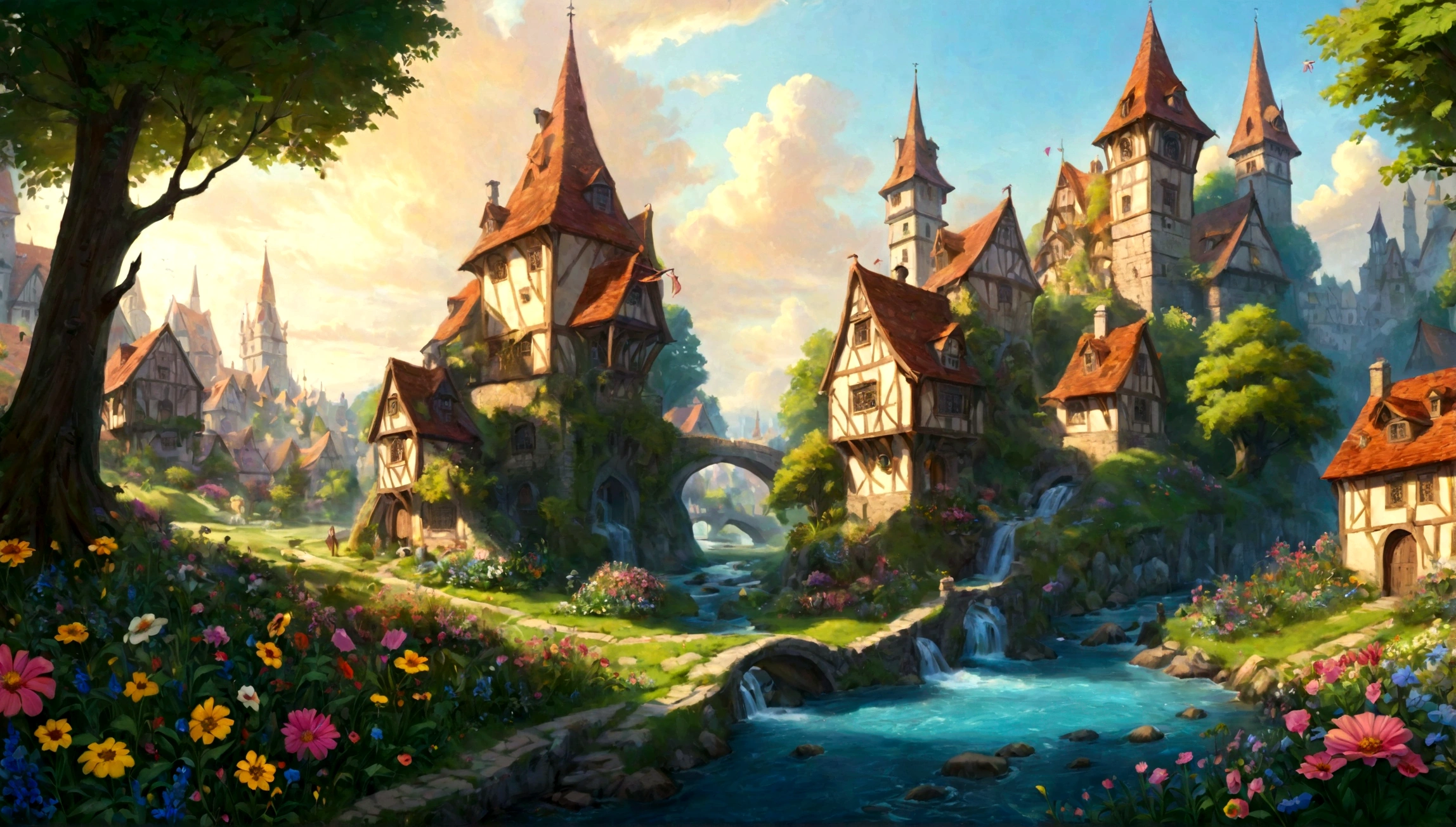 flowery glade, flowery glade city, many flowers, huge flowers, ((flower glade)), city in flowery glade, fairytale city, magical city, medieval city, medieval houses