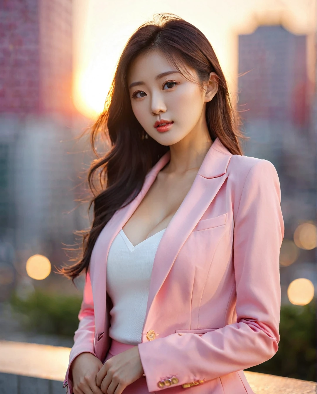 close-up of beautiful korean female, 34 inch breasts size, wearing pink suit, and short skirt, in the city, sunset light, bokeh background, UHD
