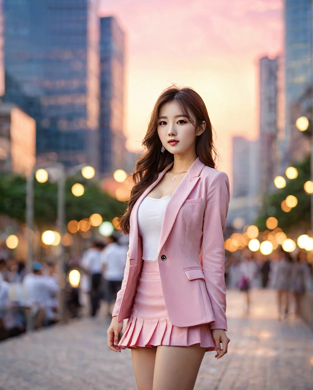 Full body of beautiful korean female, 34 inch breasts size, wearing pink suit, and short skirt, in the city, sunset light, bokeh background, UHD
